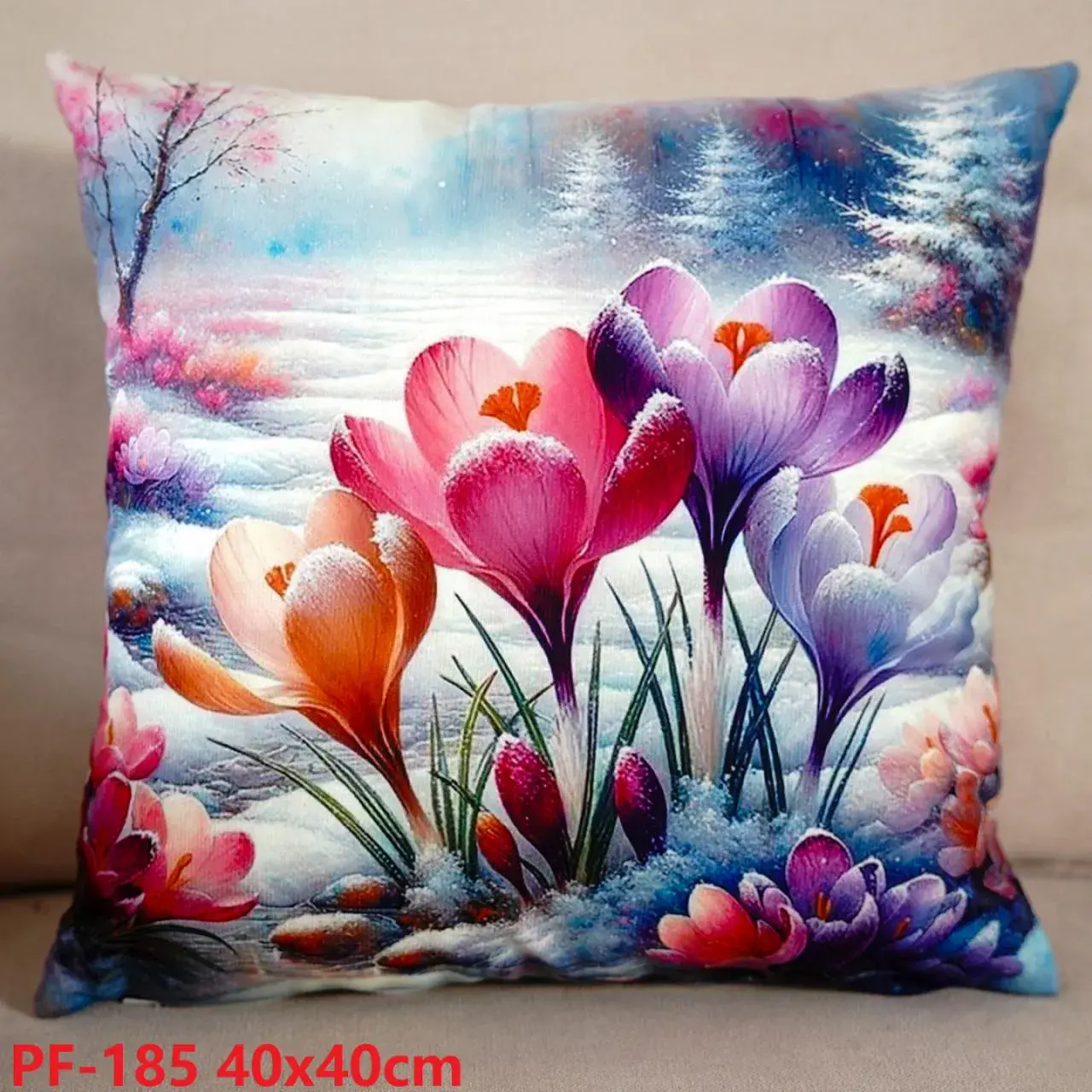Poszewki dekoracyjne 40x40 cm z motywem krokusów w śniegu
