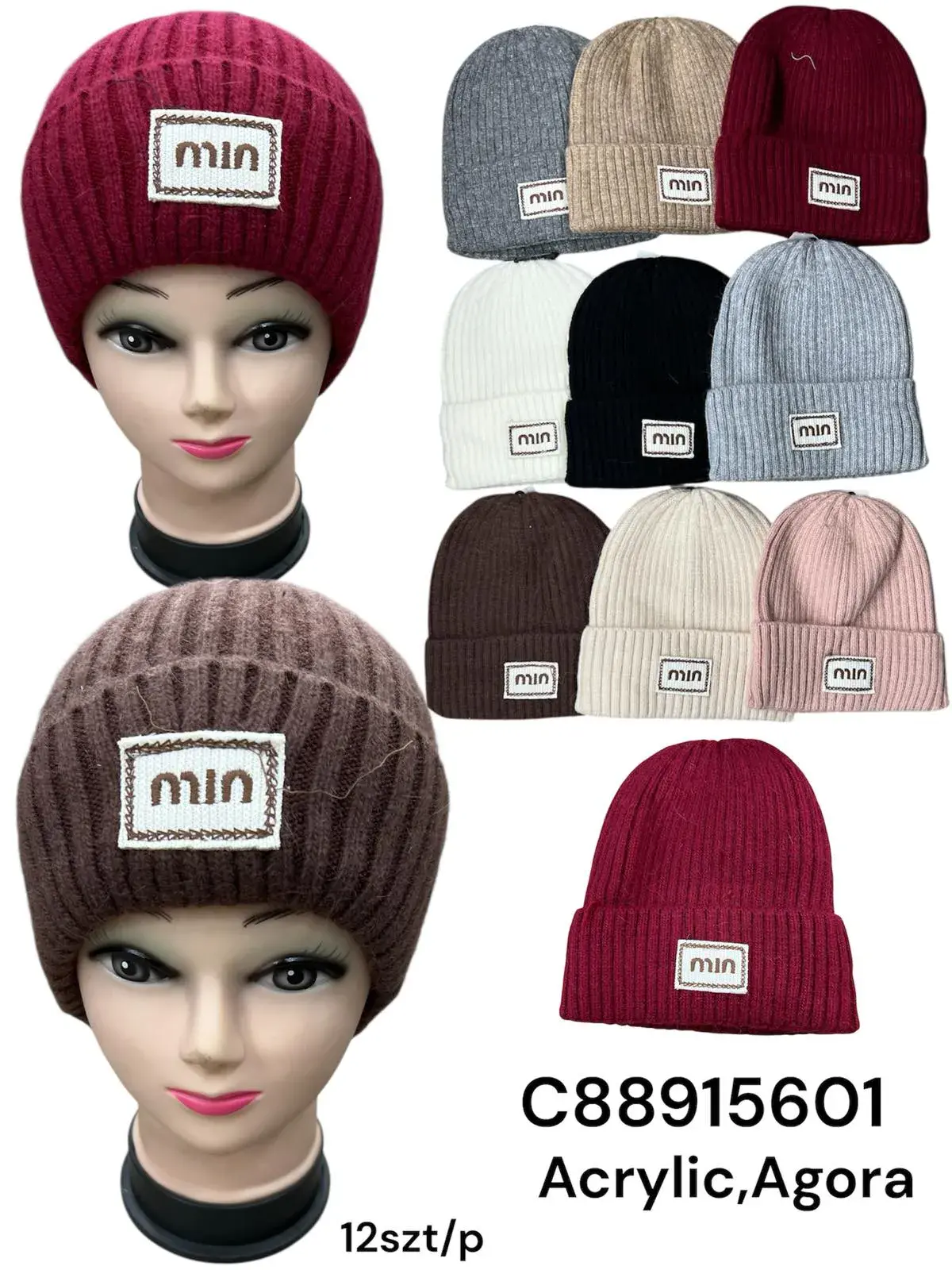Czapki damskie beanie MIN z akrylu i agory 12 szt