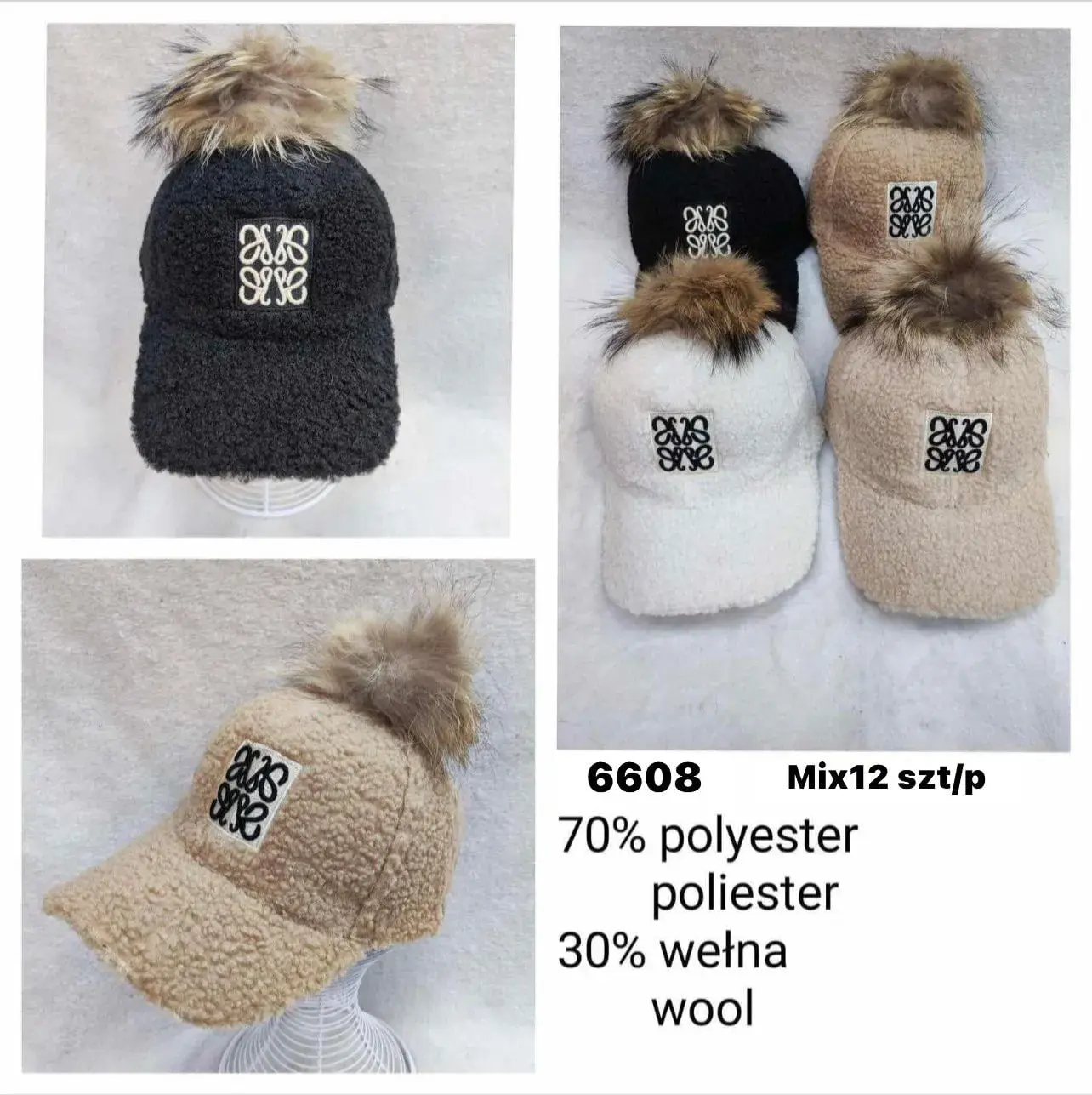 Czapki damskie beanie z pomponem mix 4 szt 6608