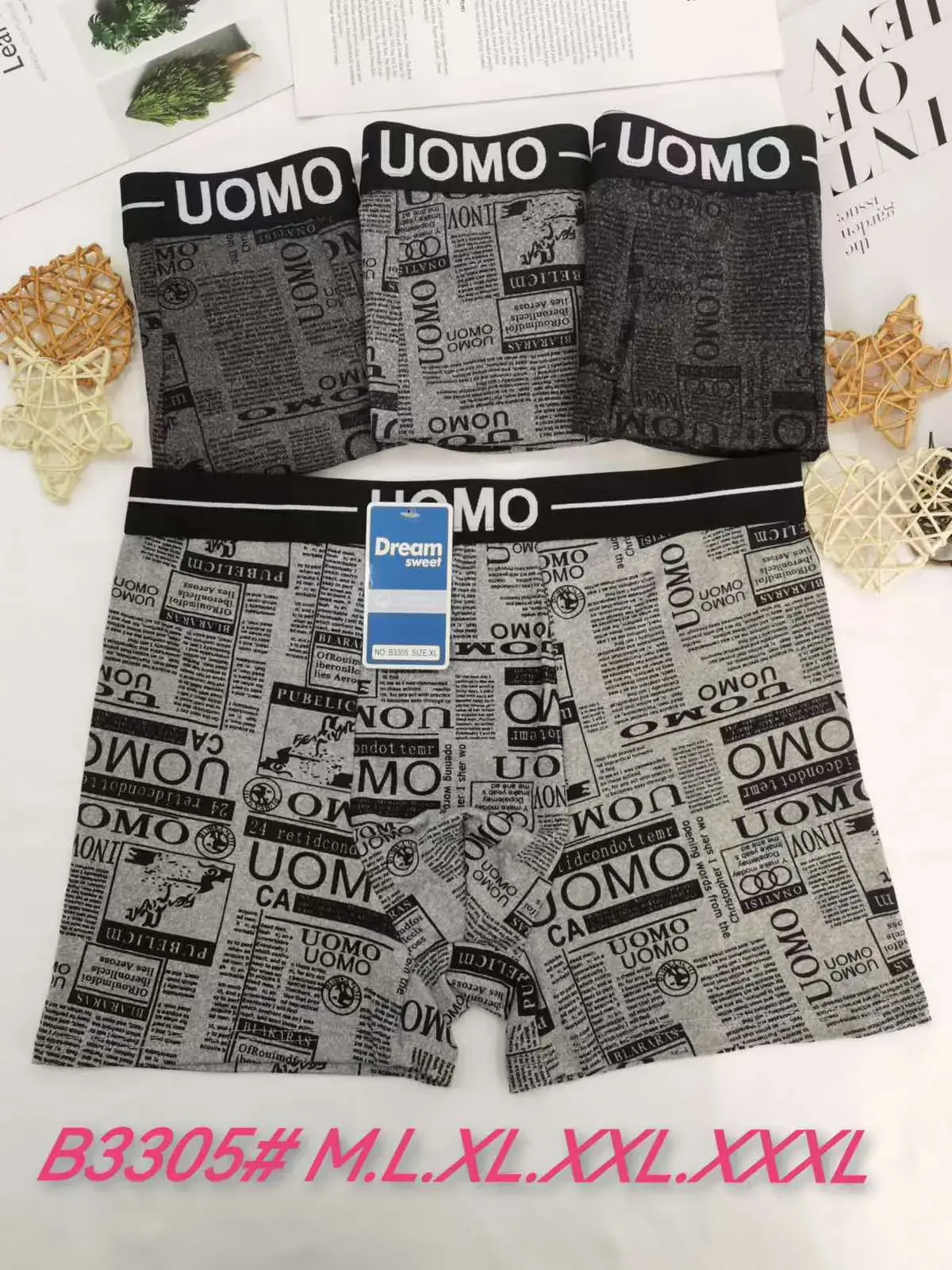 Bokserki męskie UOMOMUO szary wzór gazetowy B33054 M-L-XL-XXL-XXXL