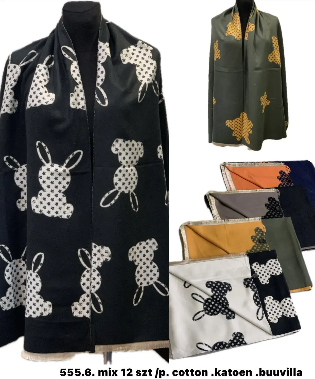 Szaliki damskie z motywem królika 100% cotton 555.6x12 szt