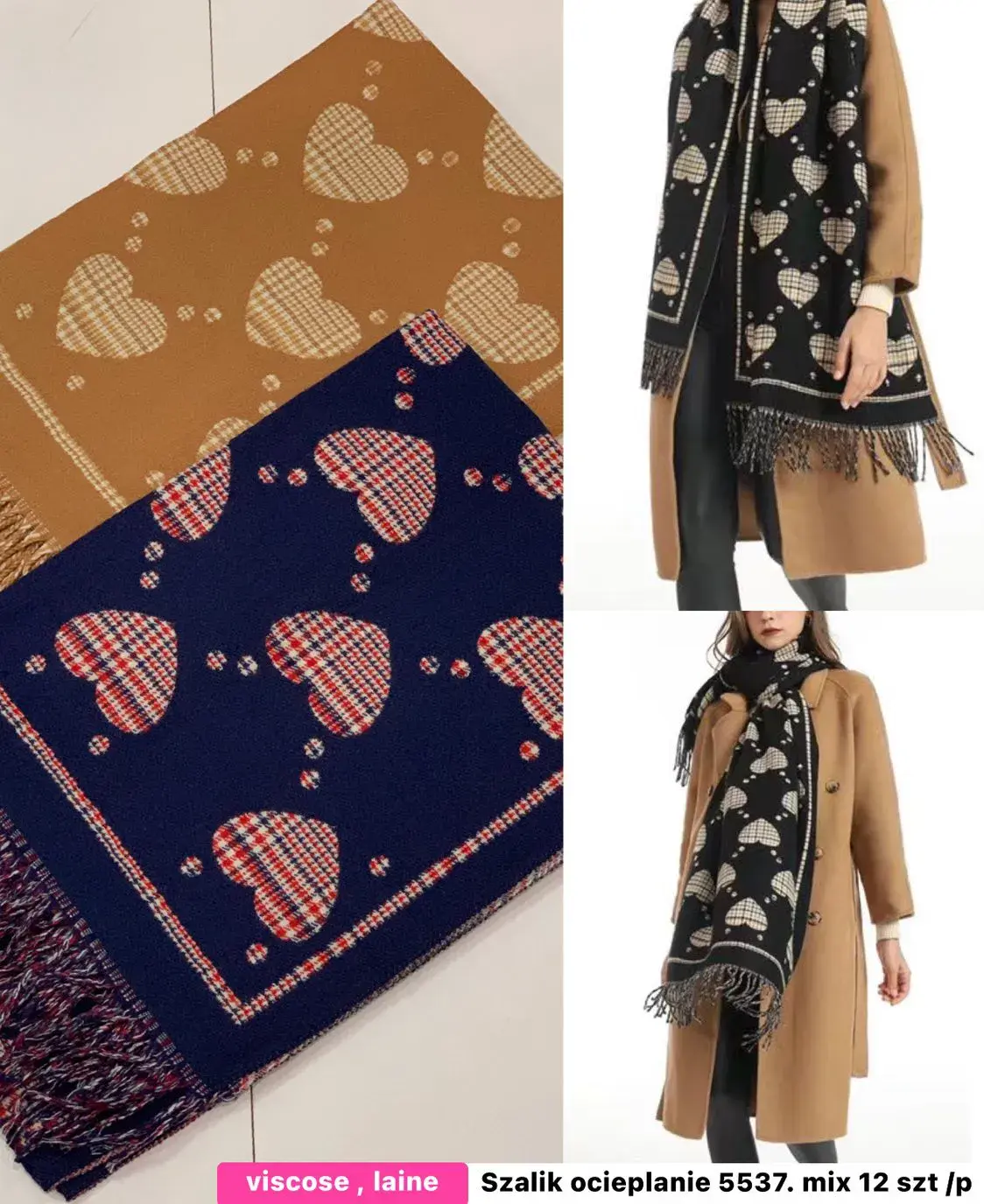 Szaliki damskie wzór serca viscose/laine 3 kolory