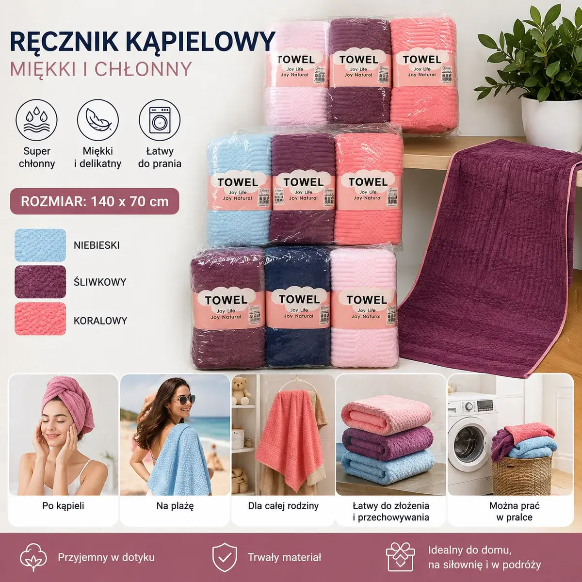 Ręczniki kąpielowe Joy Life 140x70 cm zestaw 3 szt. mix kolorów