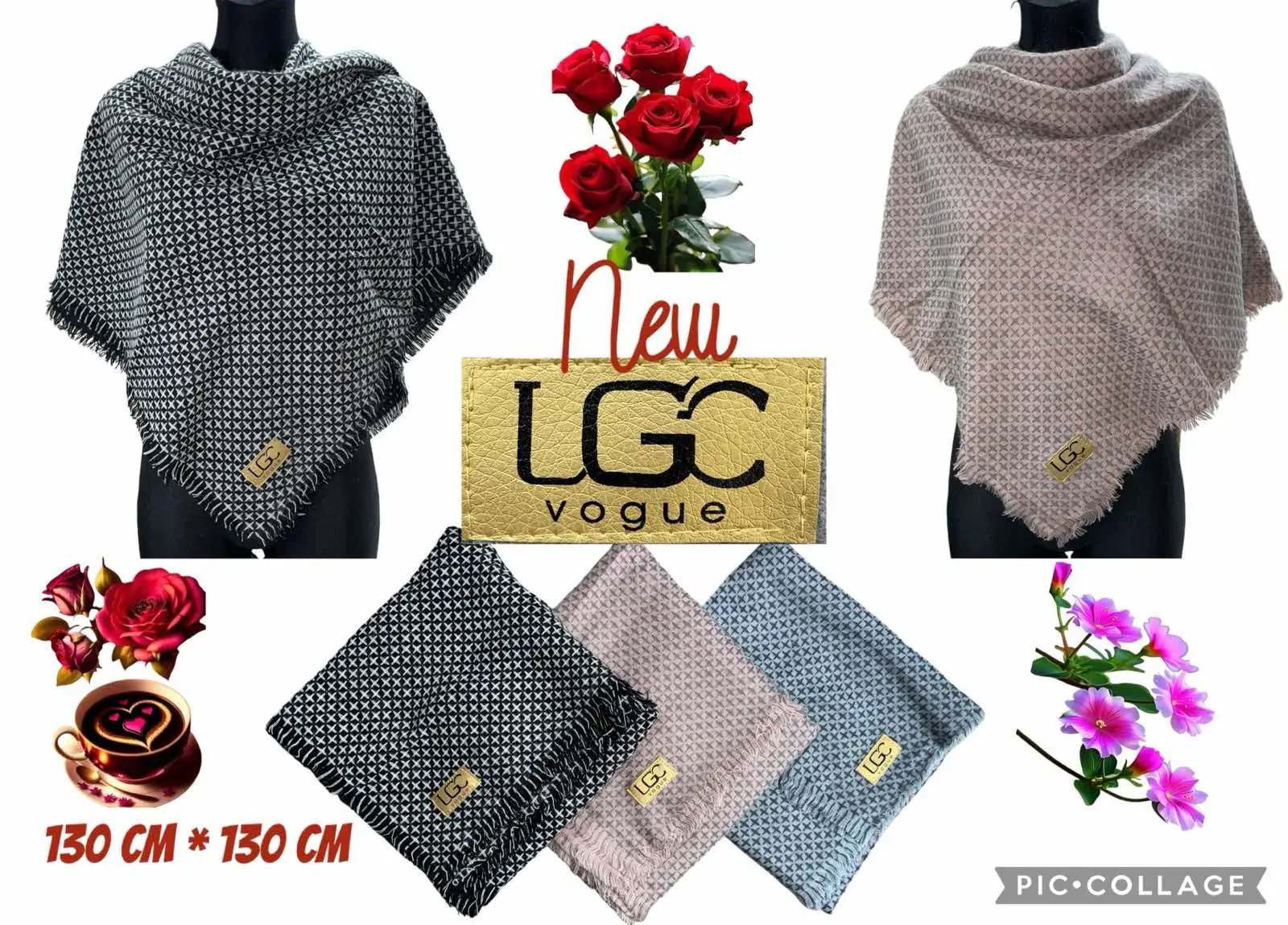 Szaliki damskie LGGC Vogue 150 cm szary, beżowy, czarny