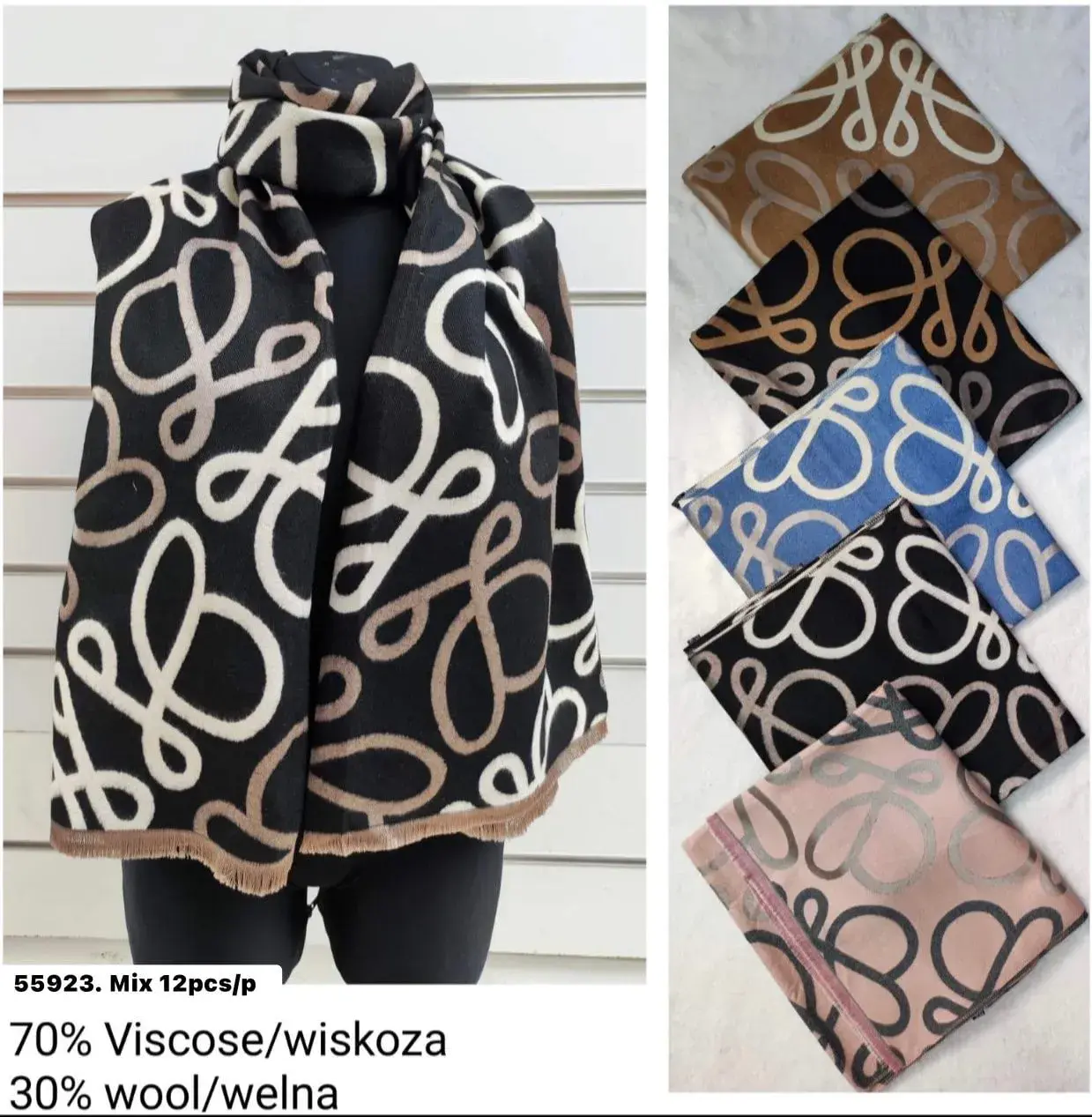Szaliki damskie mieszane 70% wiskoza 30% wełna 12 szt