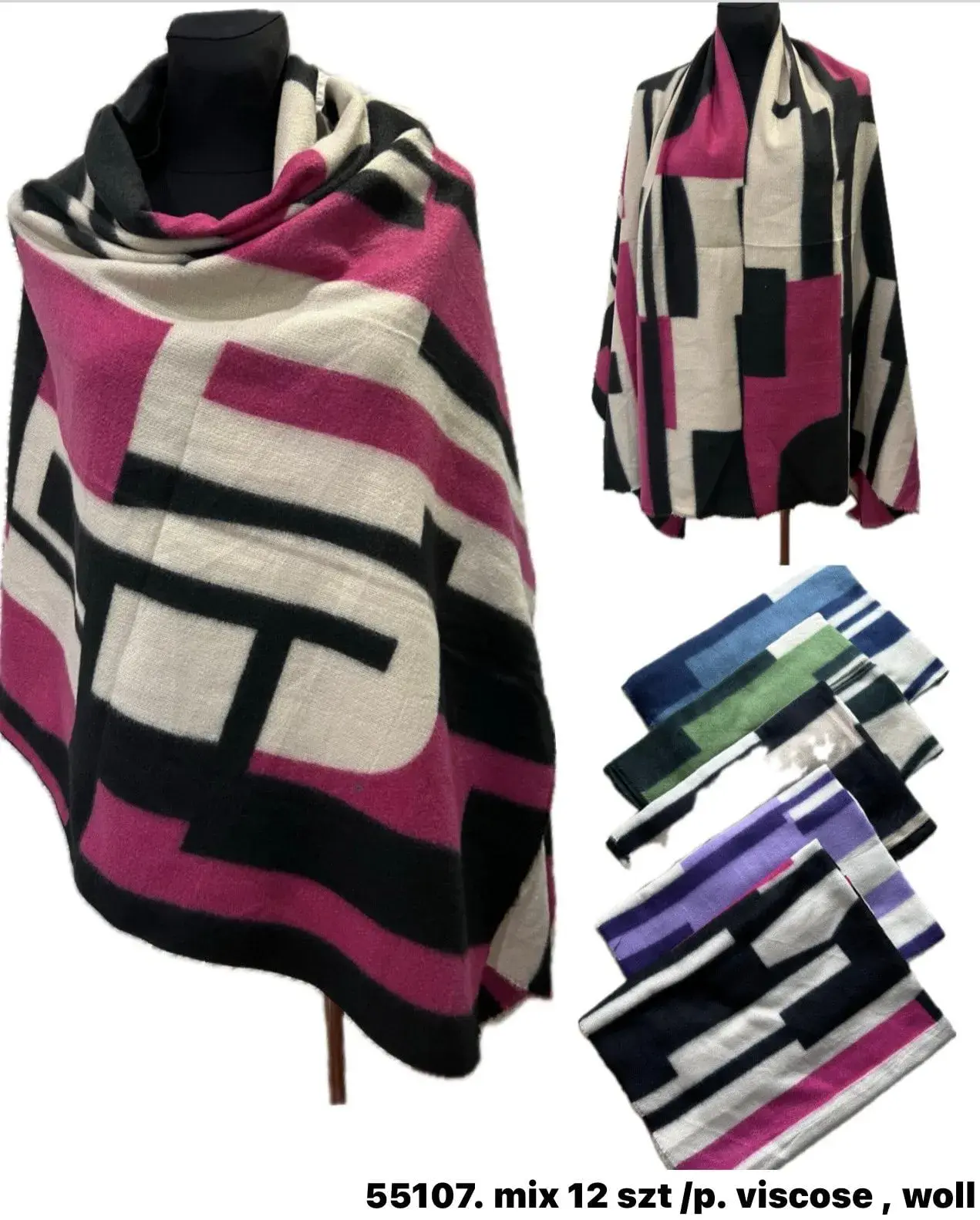 Szaliki damskie wzór geometryczny mix 12 szt viscose wool