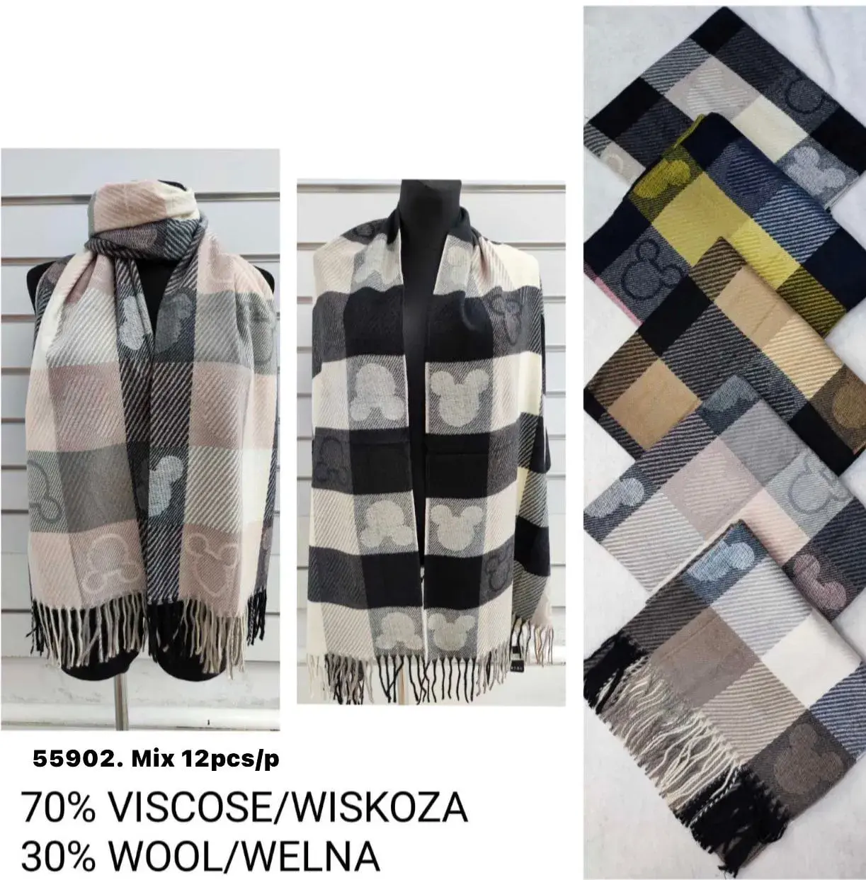 Szaliki damskie z Myszką Mickey wzór szachownica 58x202 cm