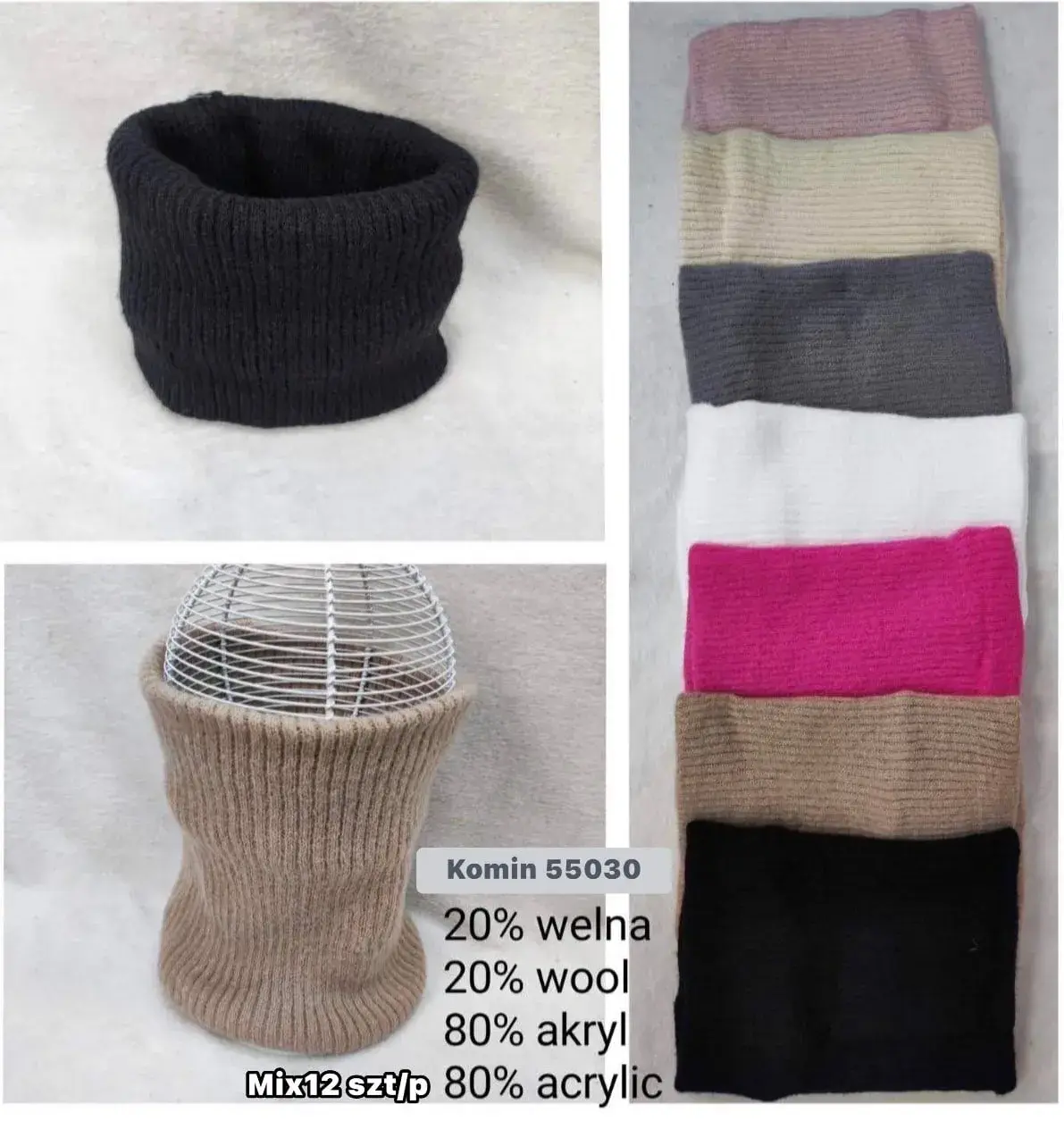 Komin Damski Mix 12 szt 20% wełna 80% akryl