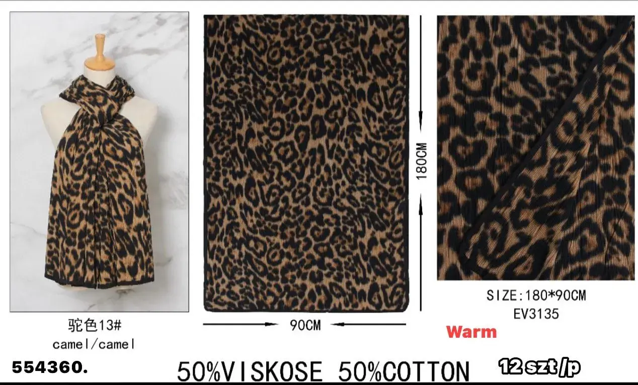 Szaliki damskie w panterkę 180x90cm 50% wiskoza 50% bawełna