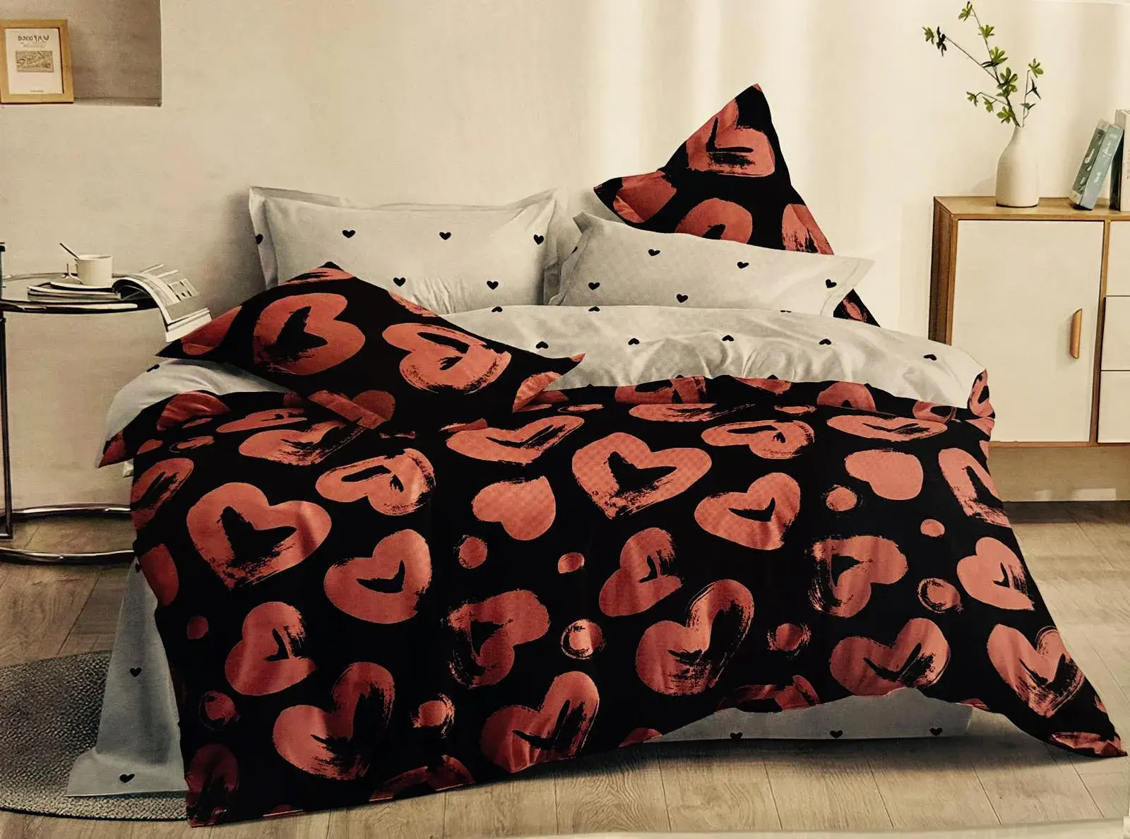 Komplet Pościel Milano 5D 4CZ 200/220 czarno-rdzawy z sercami