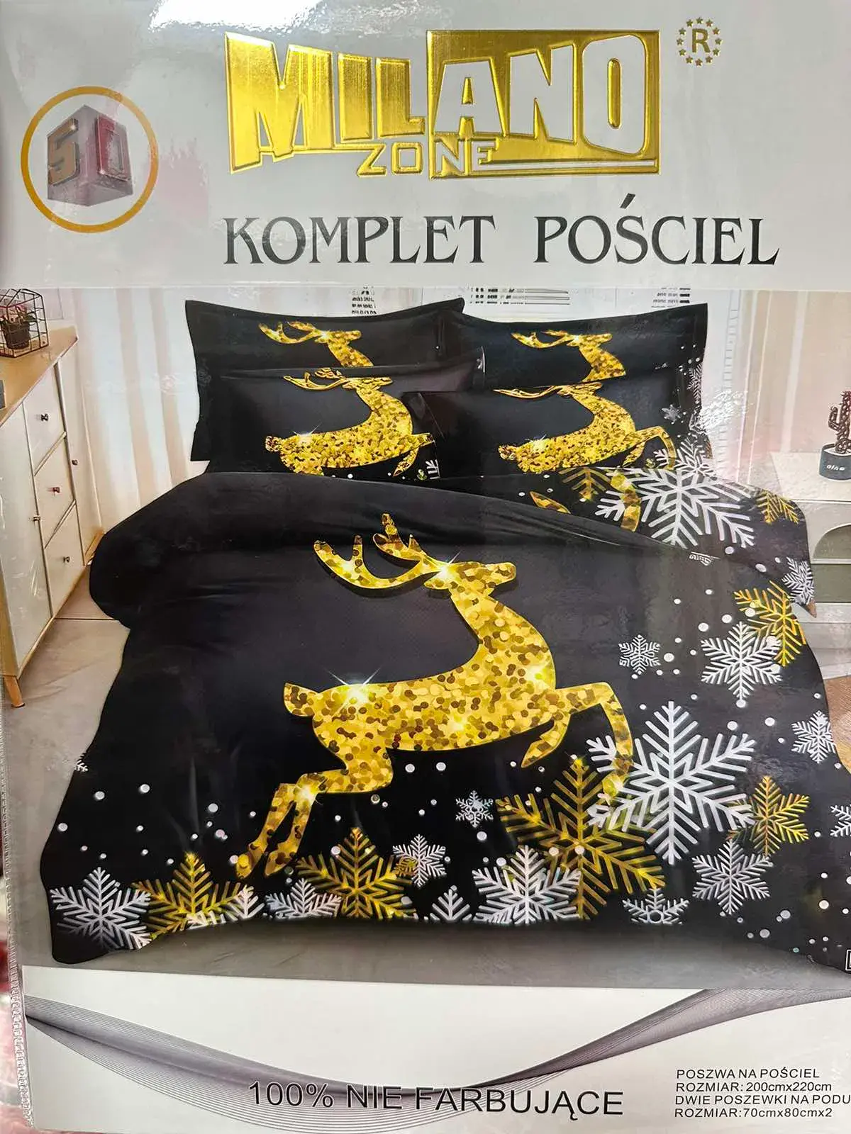 Komplet Pościel Milanoano 200/220 3cz z jeleniem i śnieżynkami
