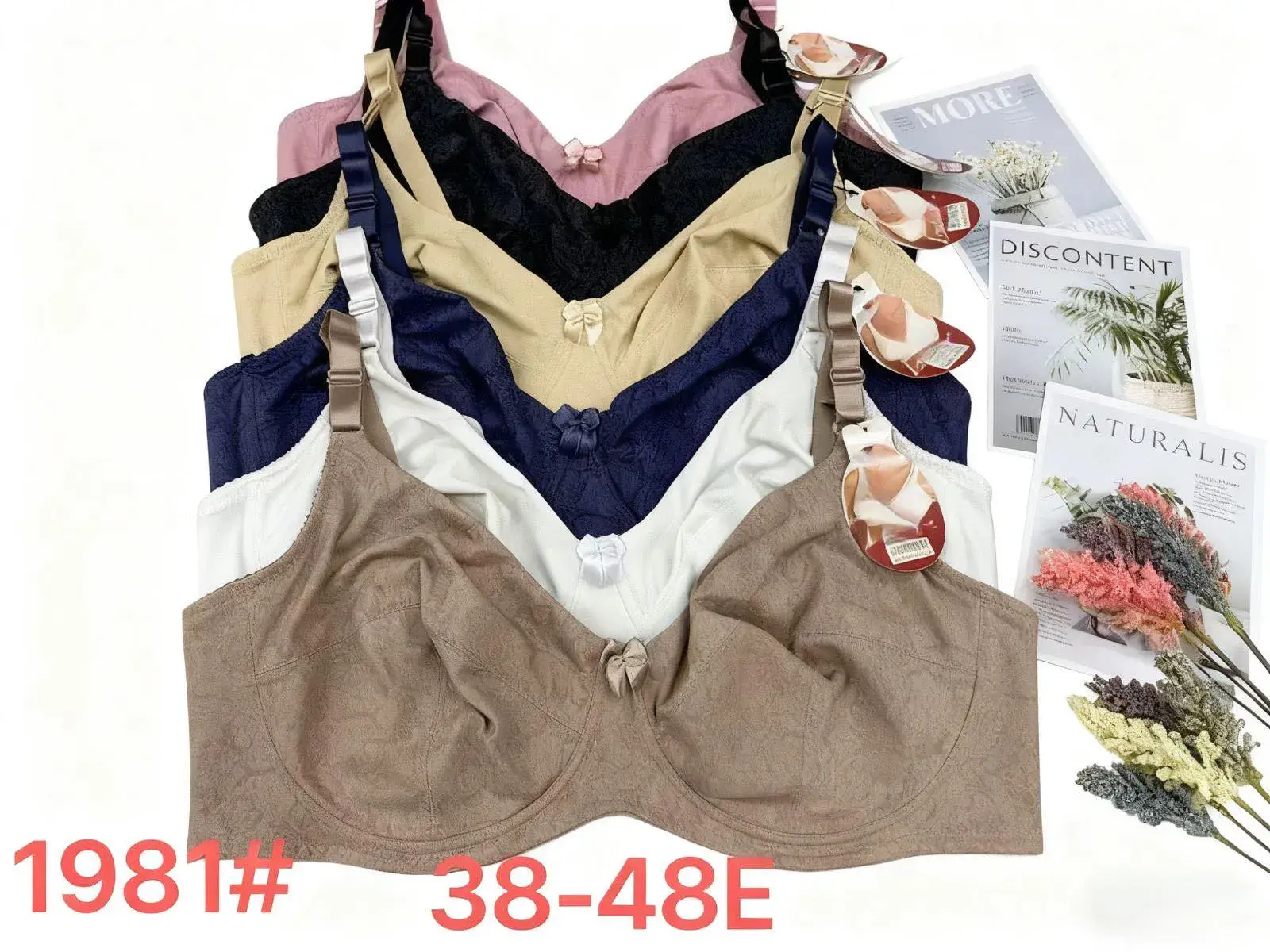 Biustonosz damski 38-48E, beżowy, czarny, różowy, granatowy