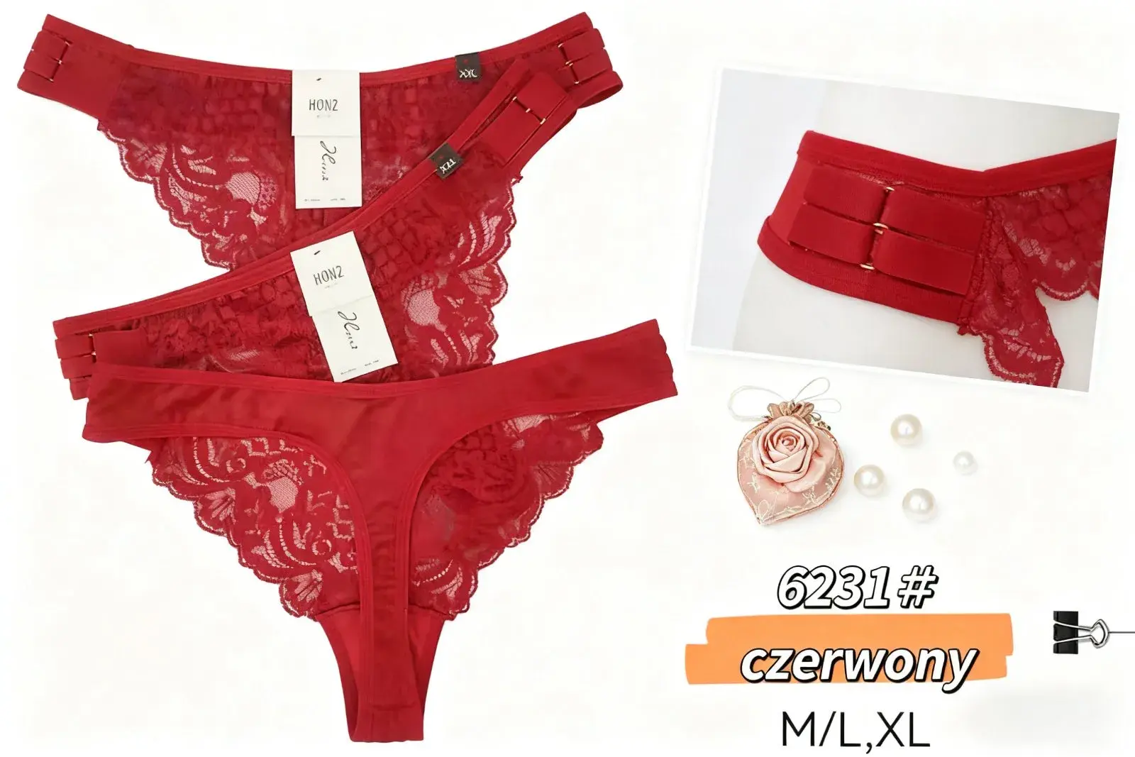 Stringi damskie czerwone koronkowe M/L/XL