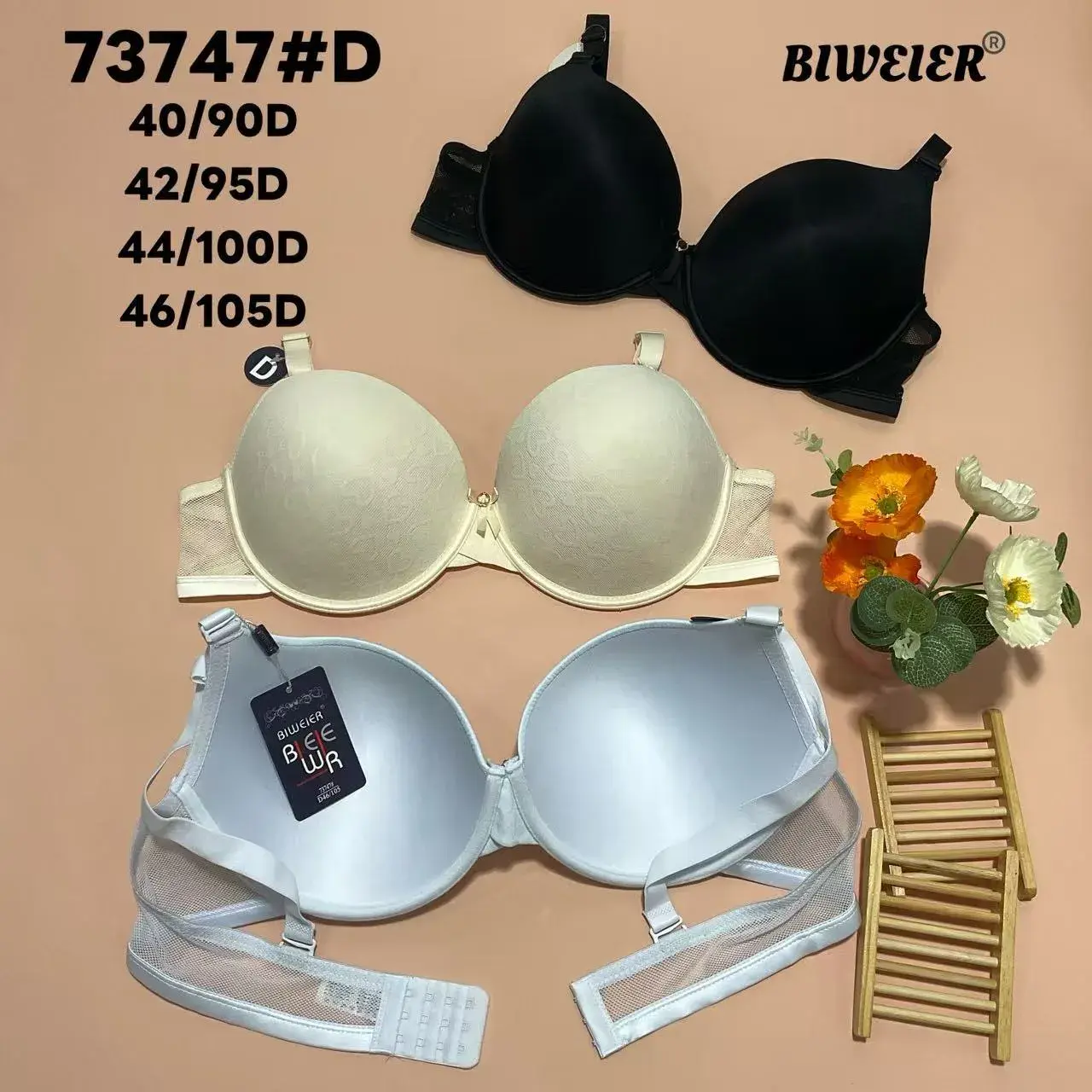 Biustonosz damski Biweier push-up czarny, beżowy, biały 73/47#D