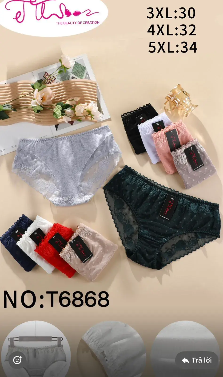 Majtki damskie koronkowe 3XL:30, 4XL:32, 5XL:34 NO.T688