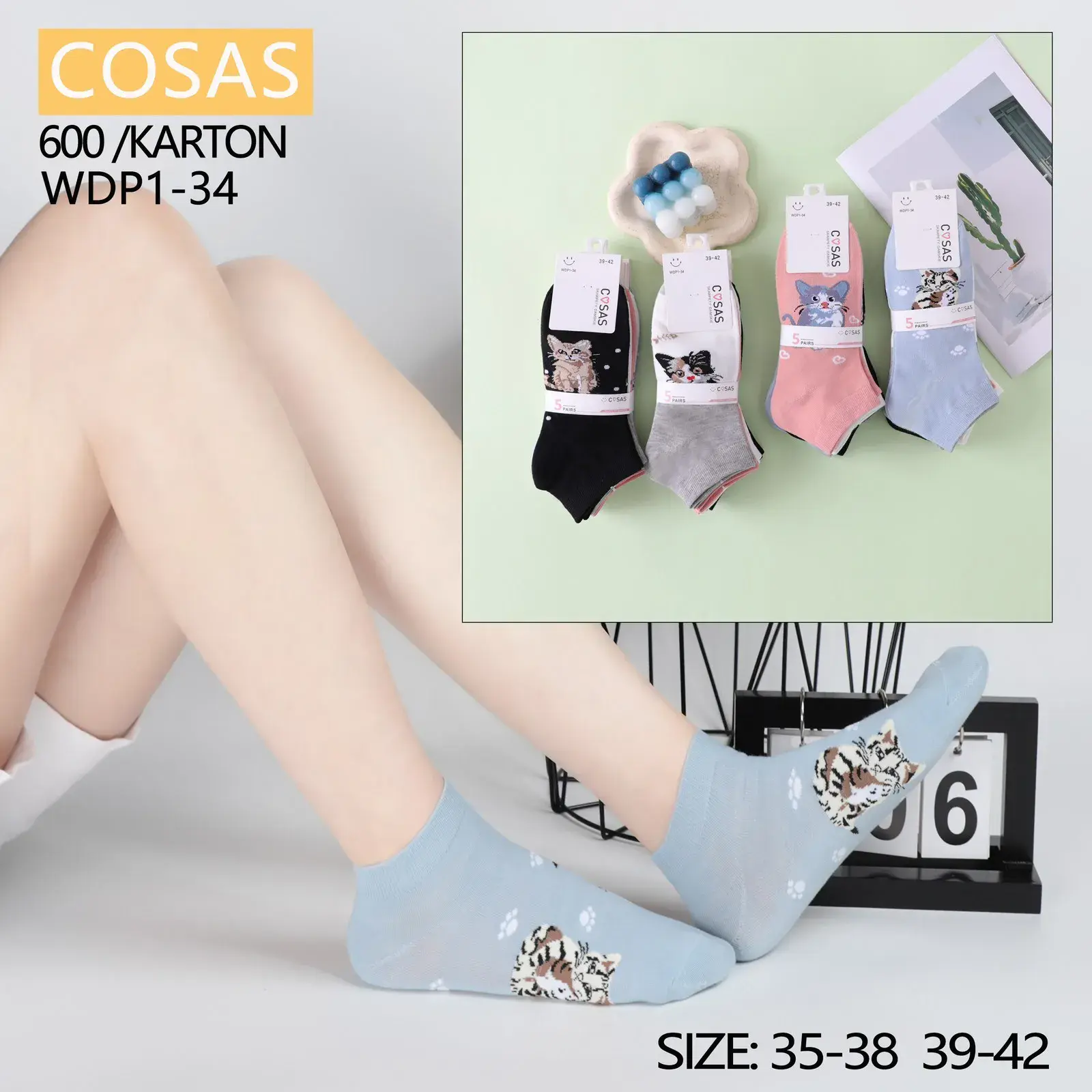 Skarpetki damskie COSASAS z kotami WDP1-34, rozmiar 35-38/39-42