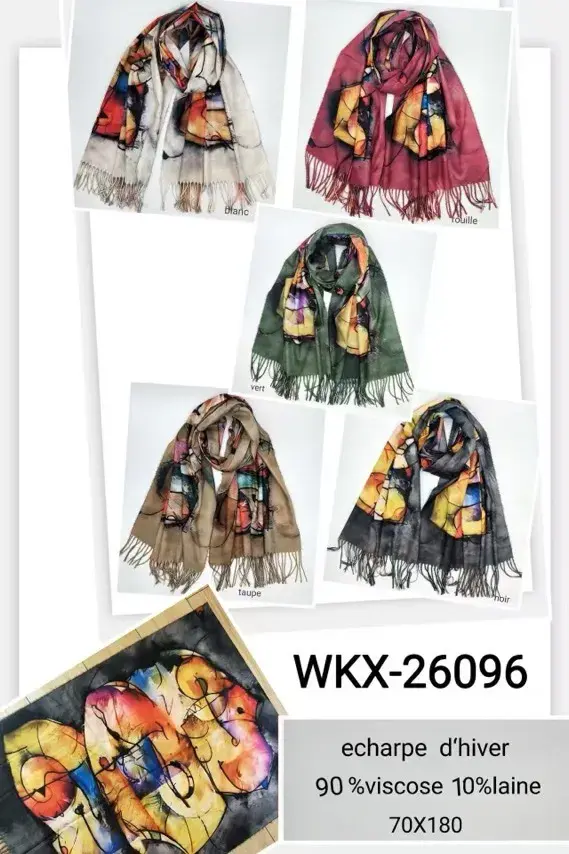 Szale damskie wzorzyste 90% wiskoza 10% laine 70x180 cm
