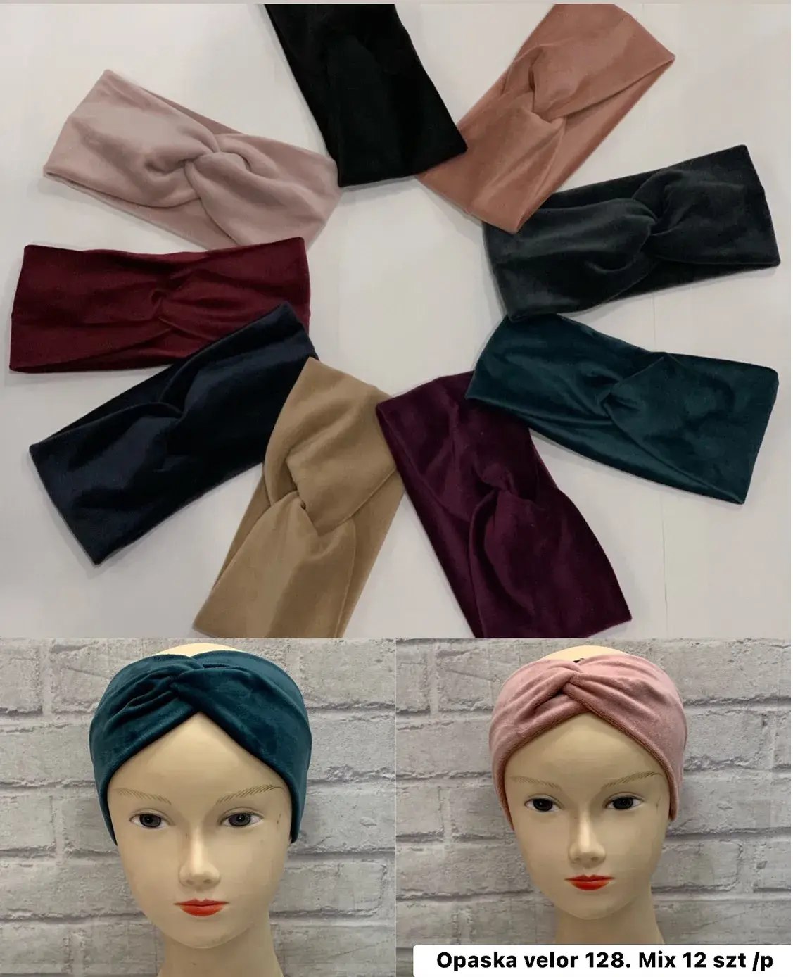 Opaski damskie welurowe 128, mix 12 szt