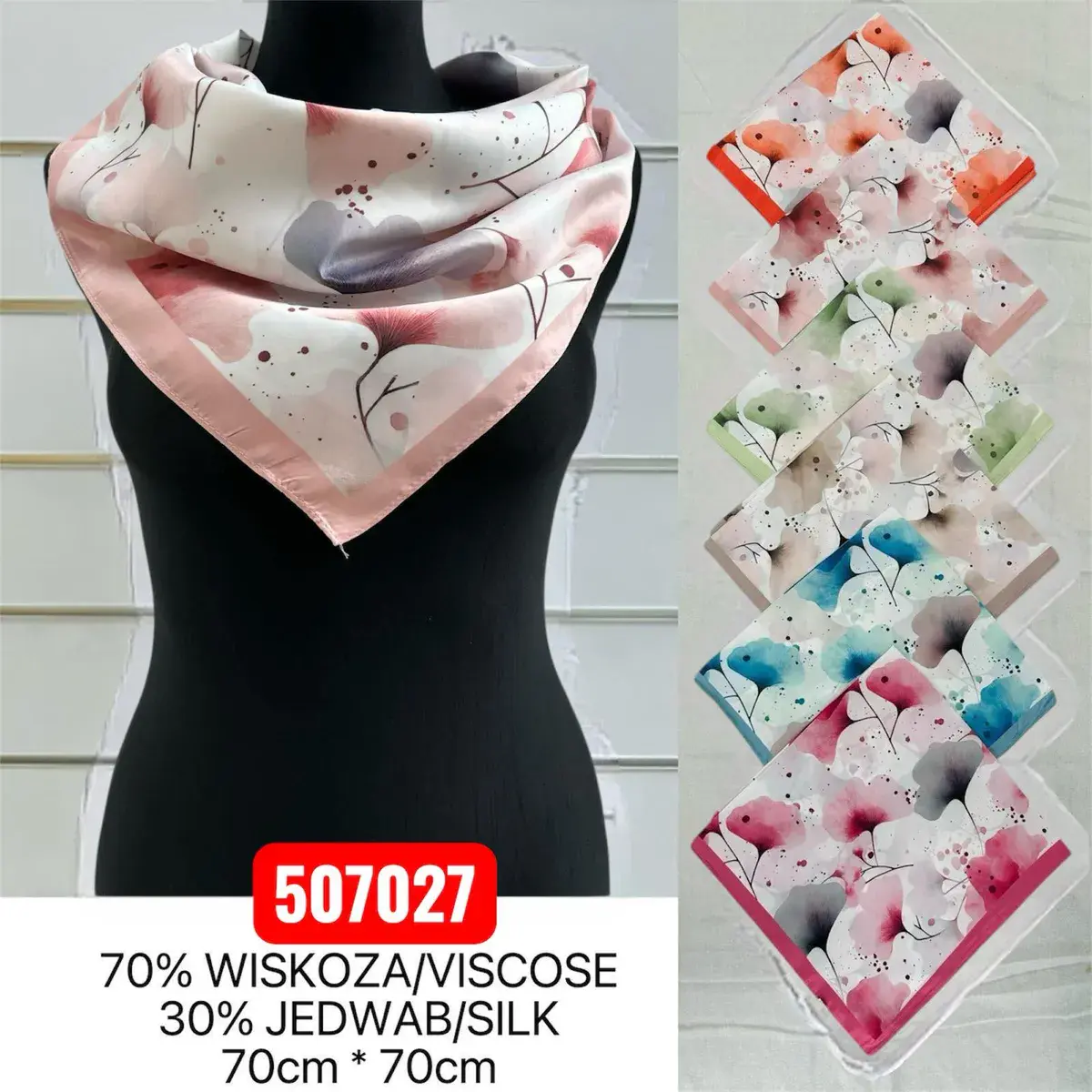 Chusta Kwiatowa 70x70cm Wiskoza 70%/Jedwab 30% Mix Kolorów