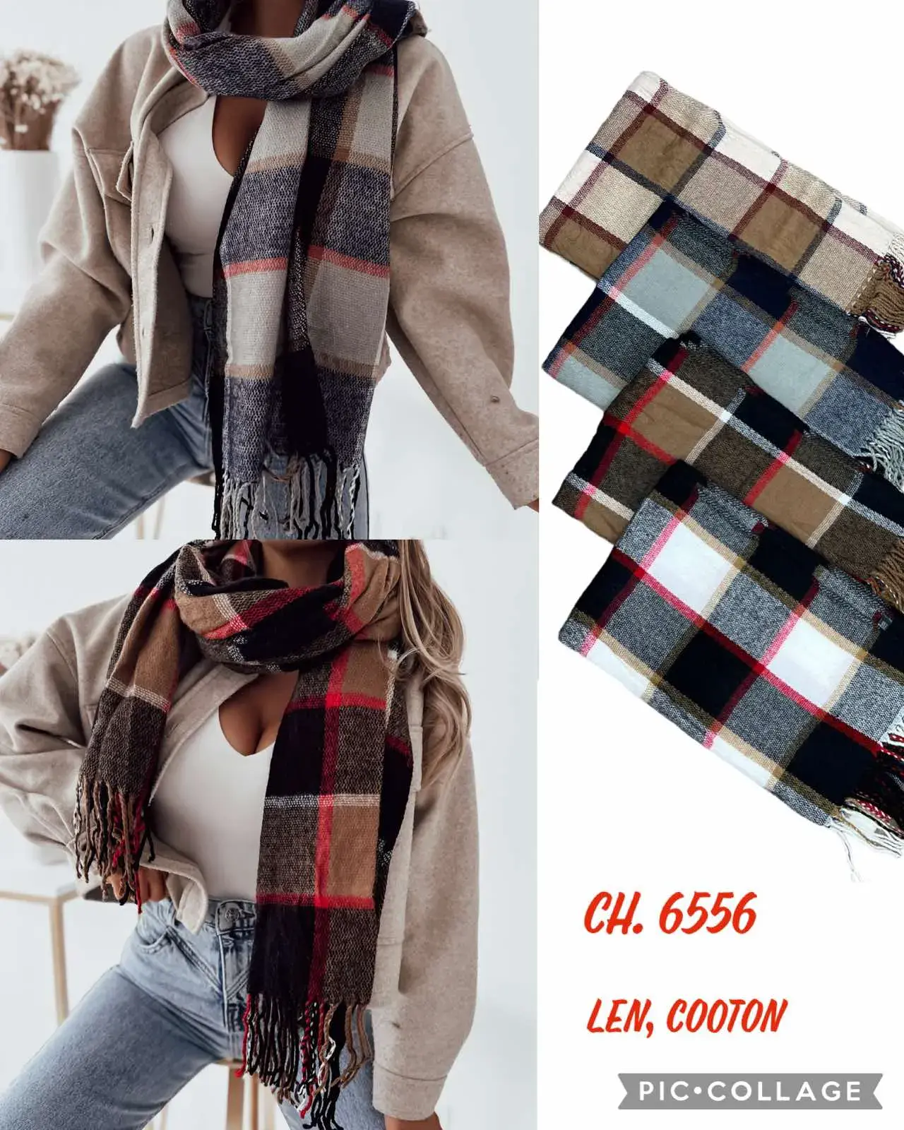 Szale damskie w kratę CH.655 Len, Cotton 12 szt/op.