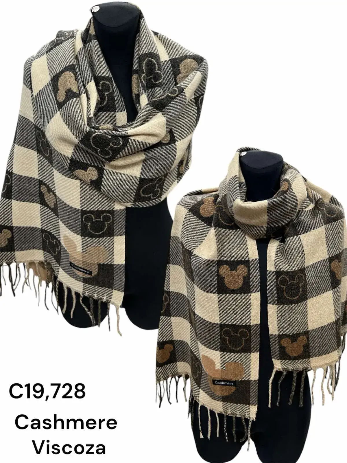 Szalik damski w kratę z motywem Myszki Minnie Viscosa Cashmere C19.728