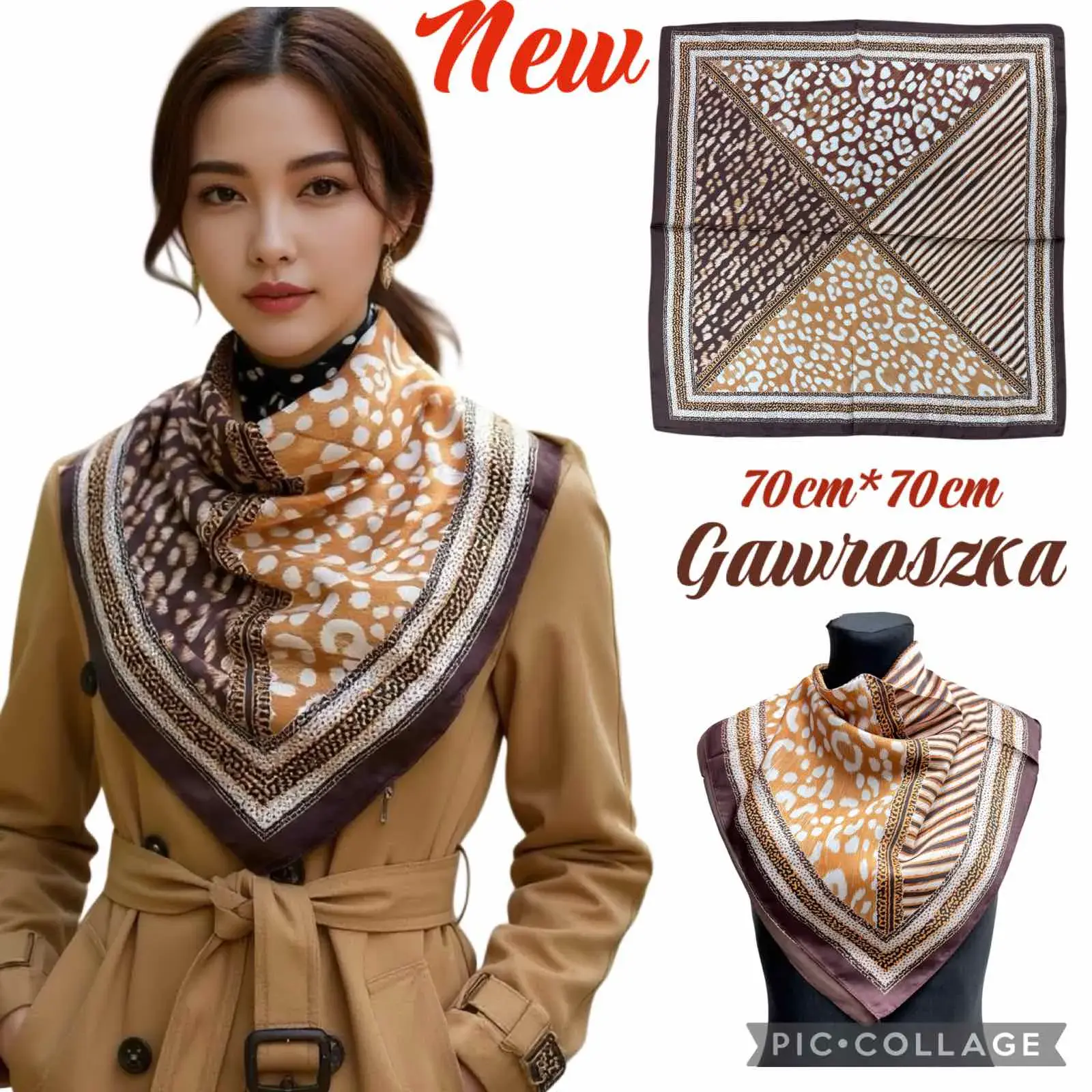 Kwadratowa chusta damska 70x70cm wzór zwierzęcy