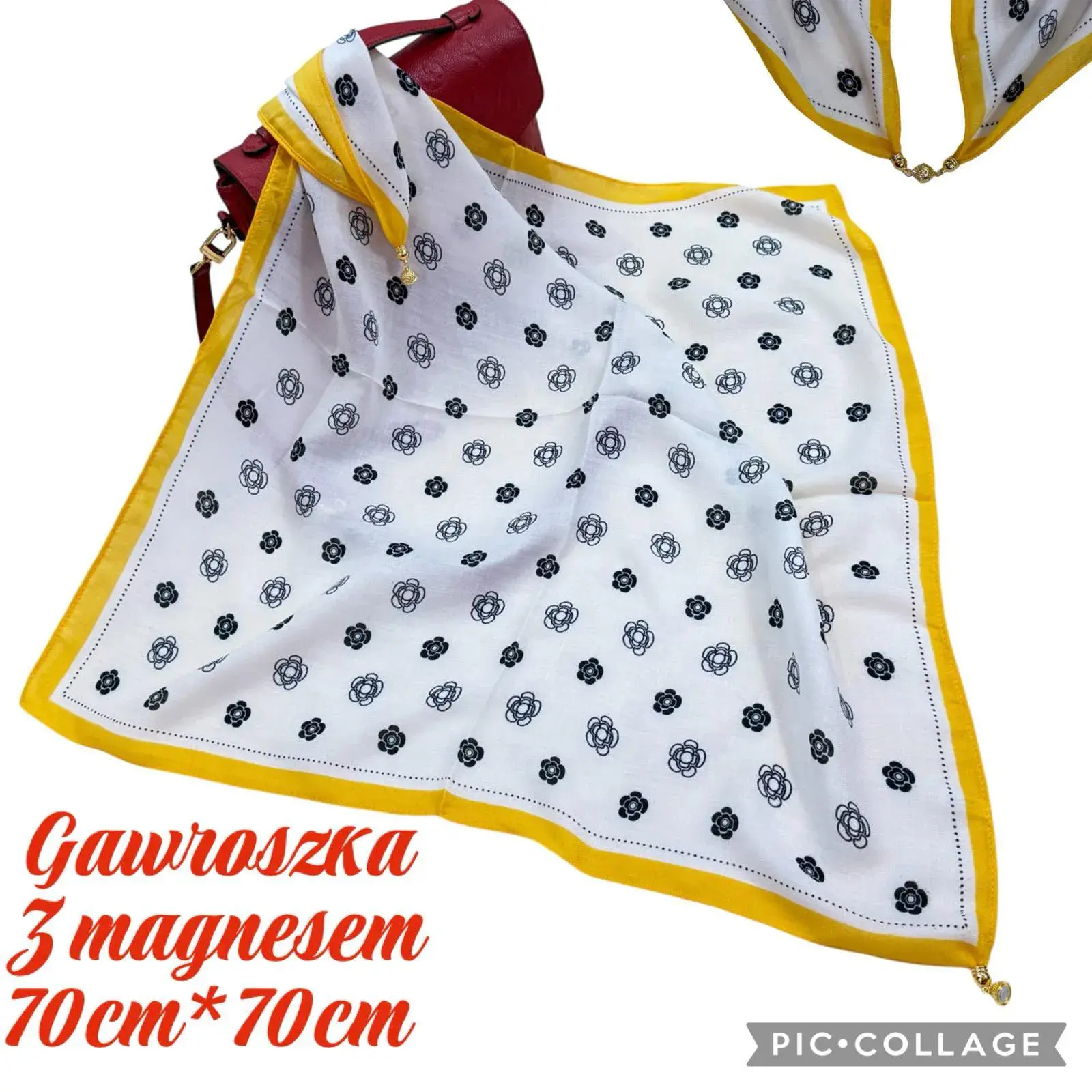 Chusta damska 70x70cm z magnezem biała z żółtą obwódką