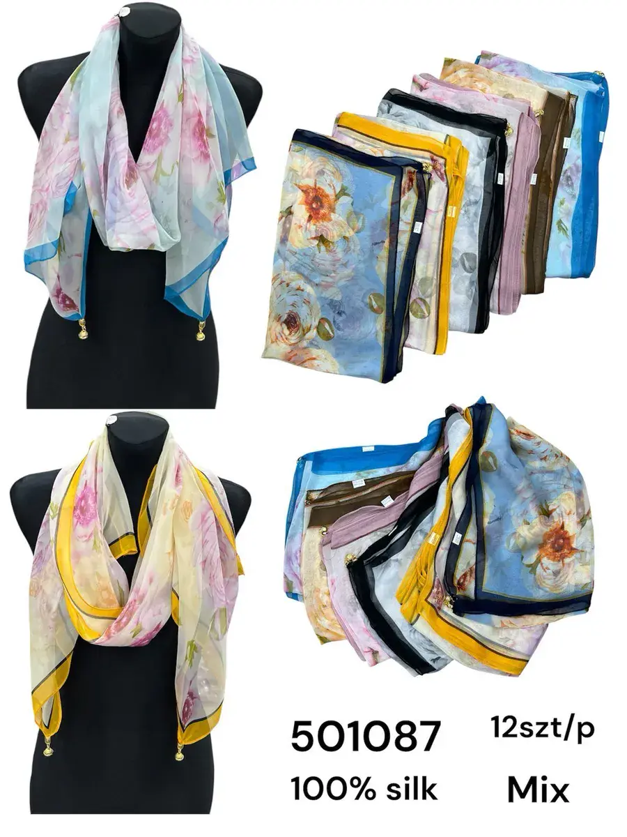 Chusty jedwabne 100% silk kwiatowy wzór mix kolorów