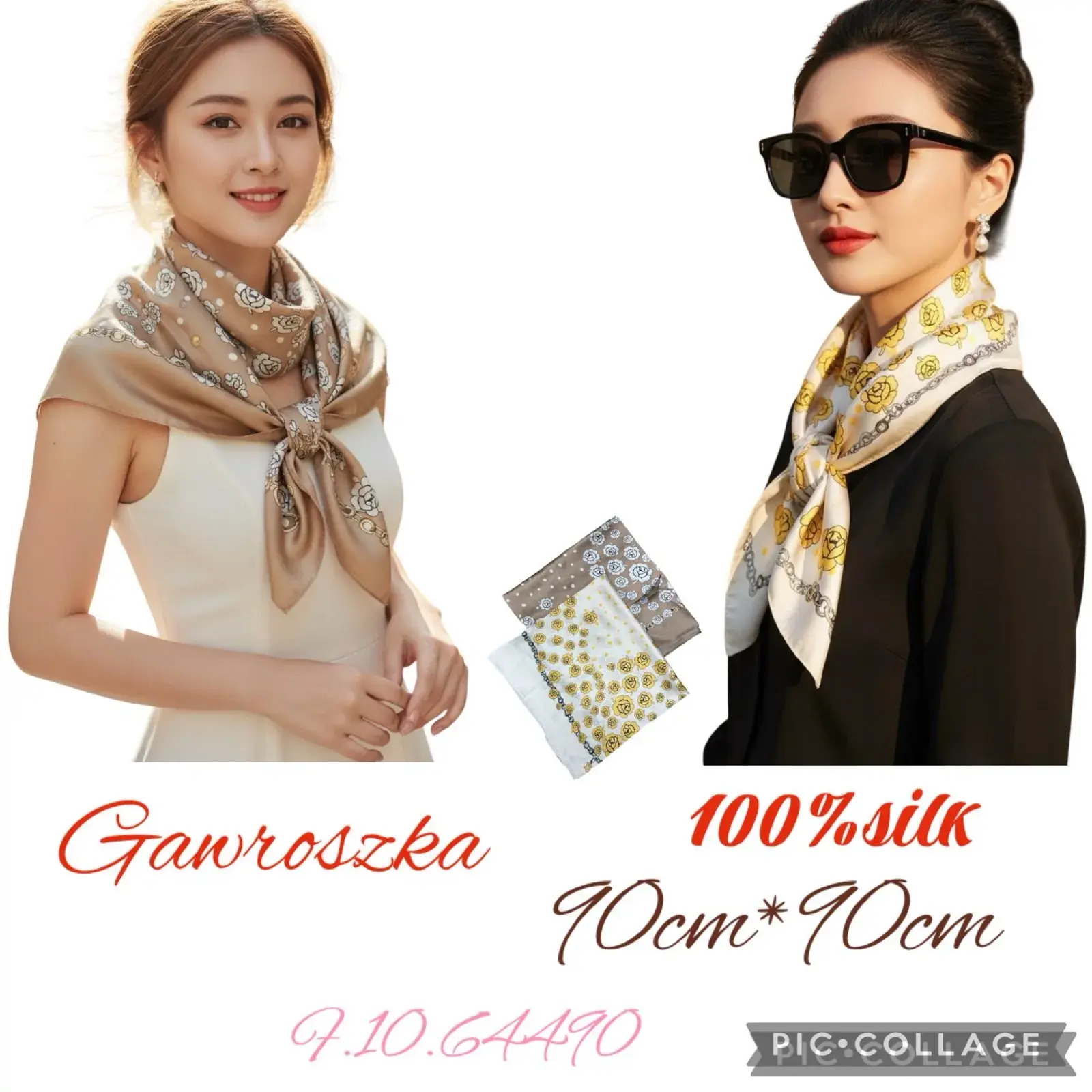 Chusty damskie jedwabne 90x90cm beżowo-żółte 100% silk
