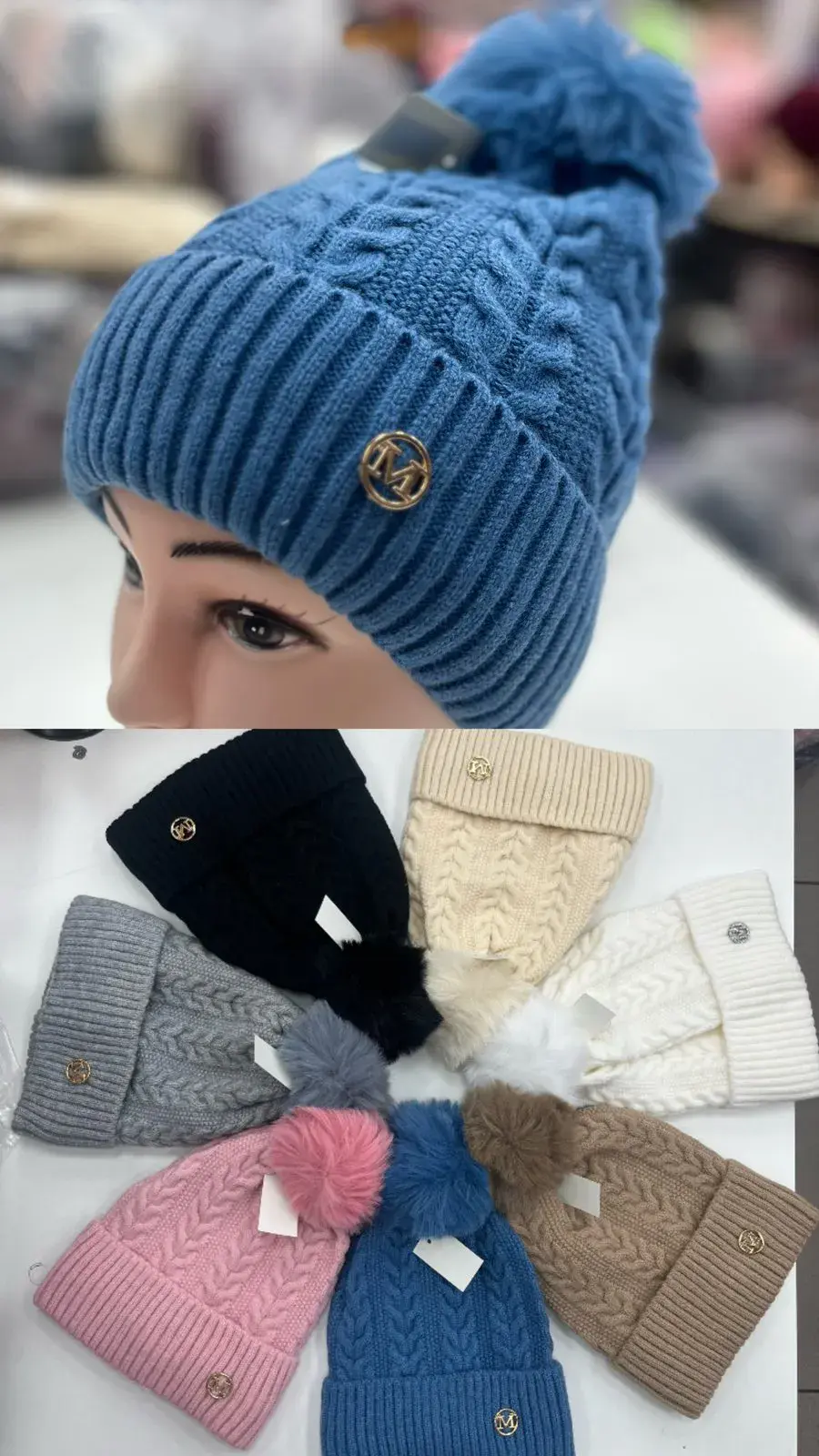 Czapki damskie beanie dzianina warkoczowa z pomponem