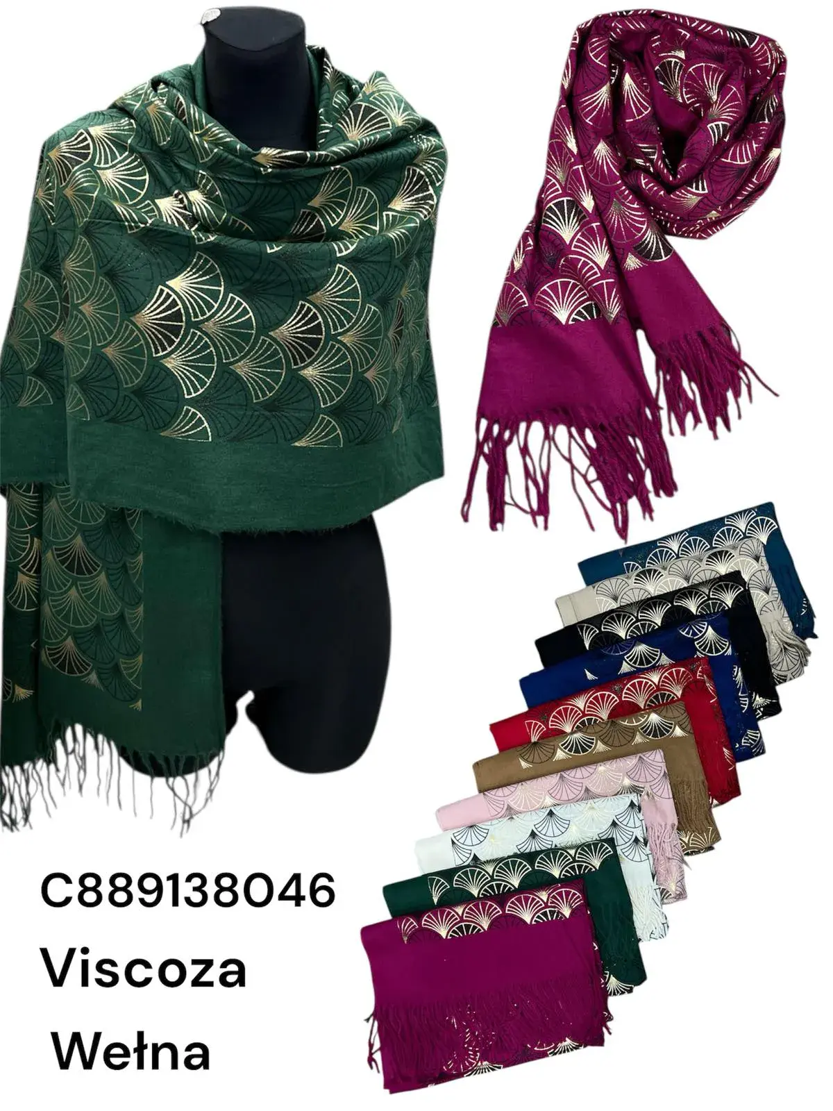 Szale damskie viscose z frędzlami wzór art deco 12 szt