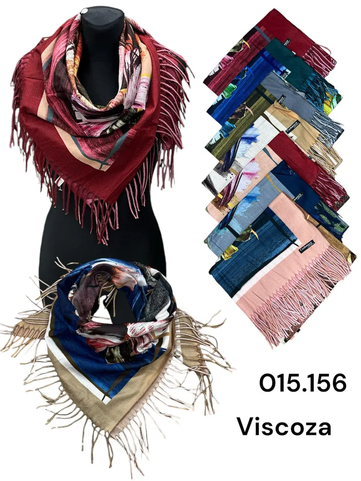 Szaliki damskie viscose wzorzyste, frędzle, mix kolorów