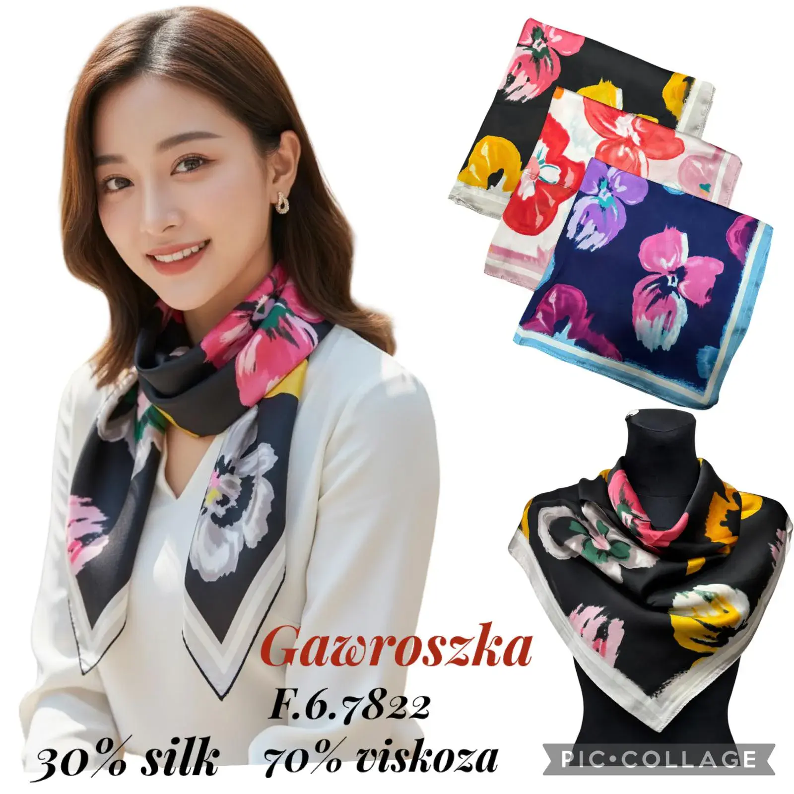 Chusty damskie kwiatowe 30% jedwab 70% wiskoza F6.7822