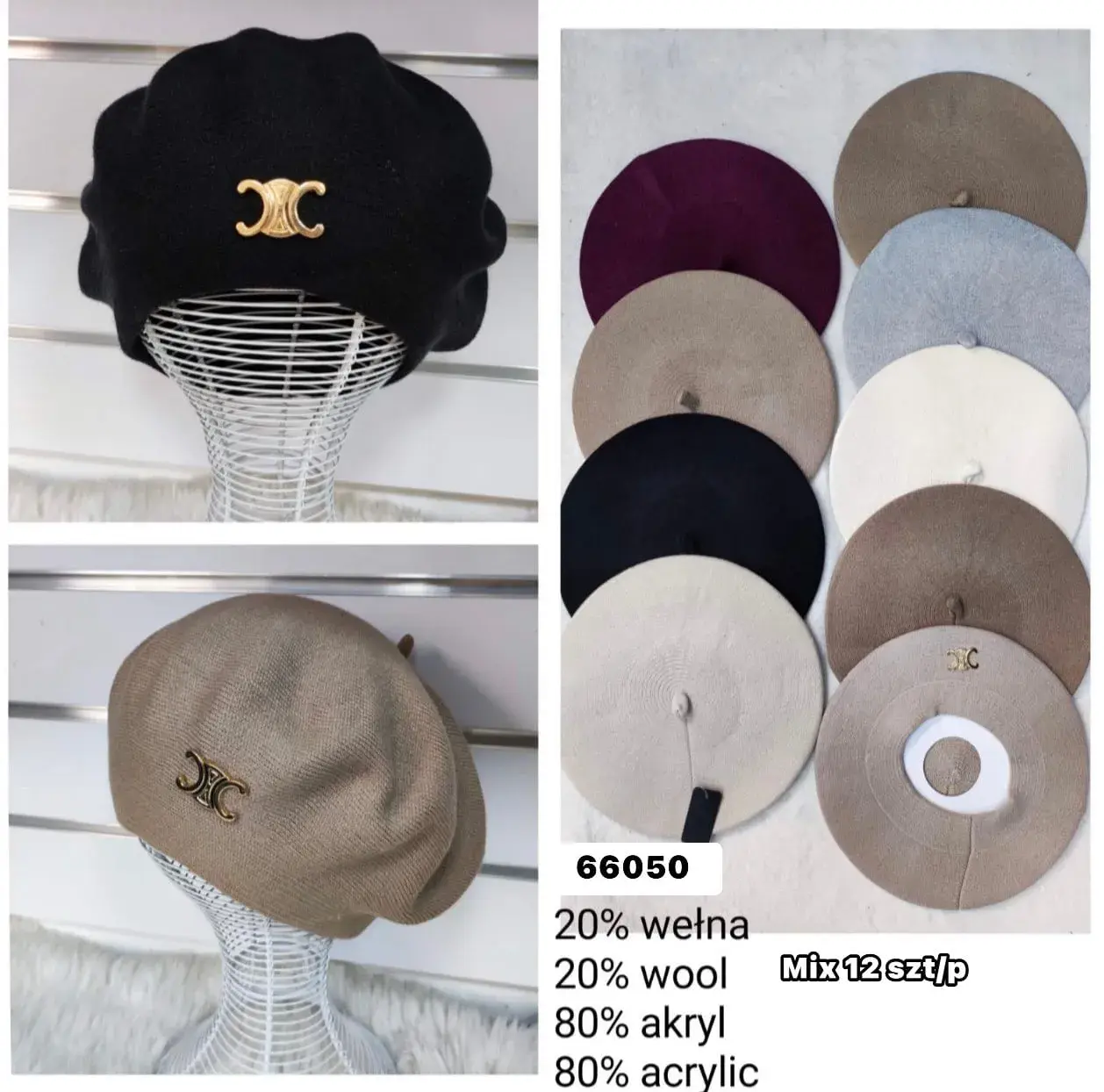 Czapki damskie berety wełniane mix kolorów 20% wool