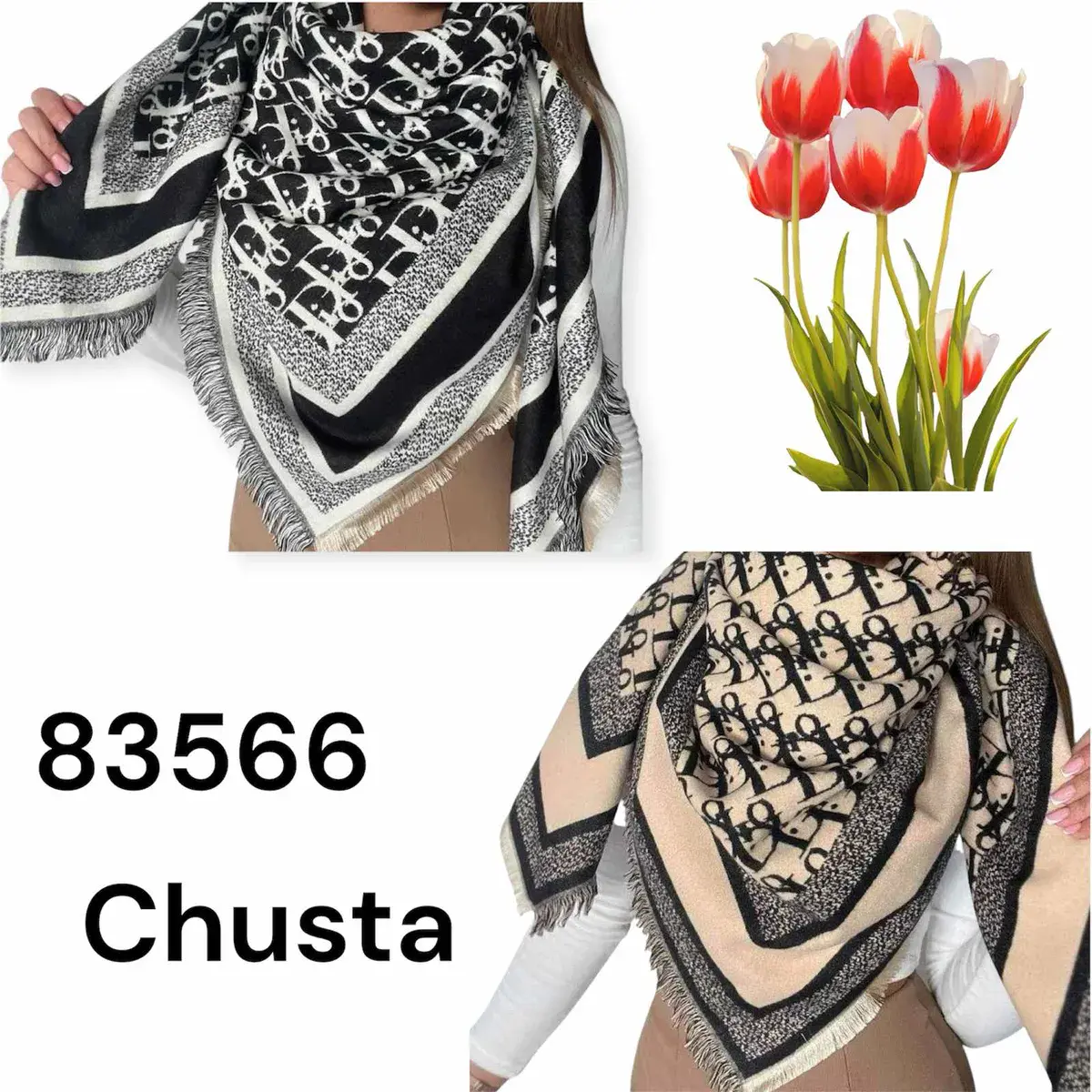 Chusta damska wzorzysta z frędzlami beżowo-czarna 83566