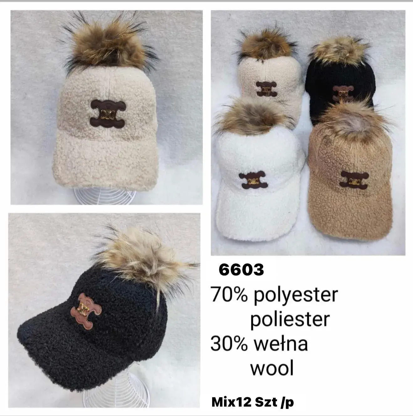 Czapki damskie z misiem 70% poliester 30% wełna