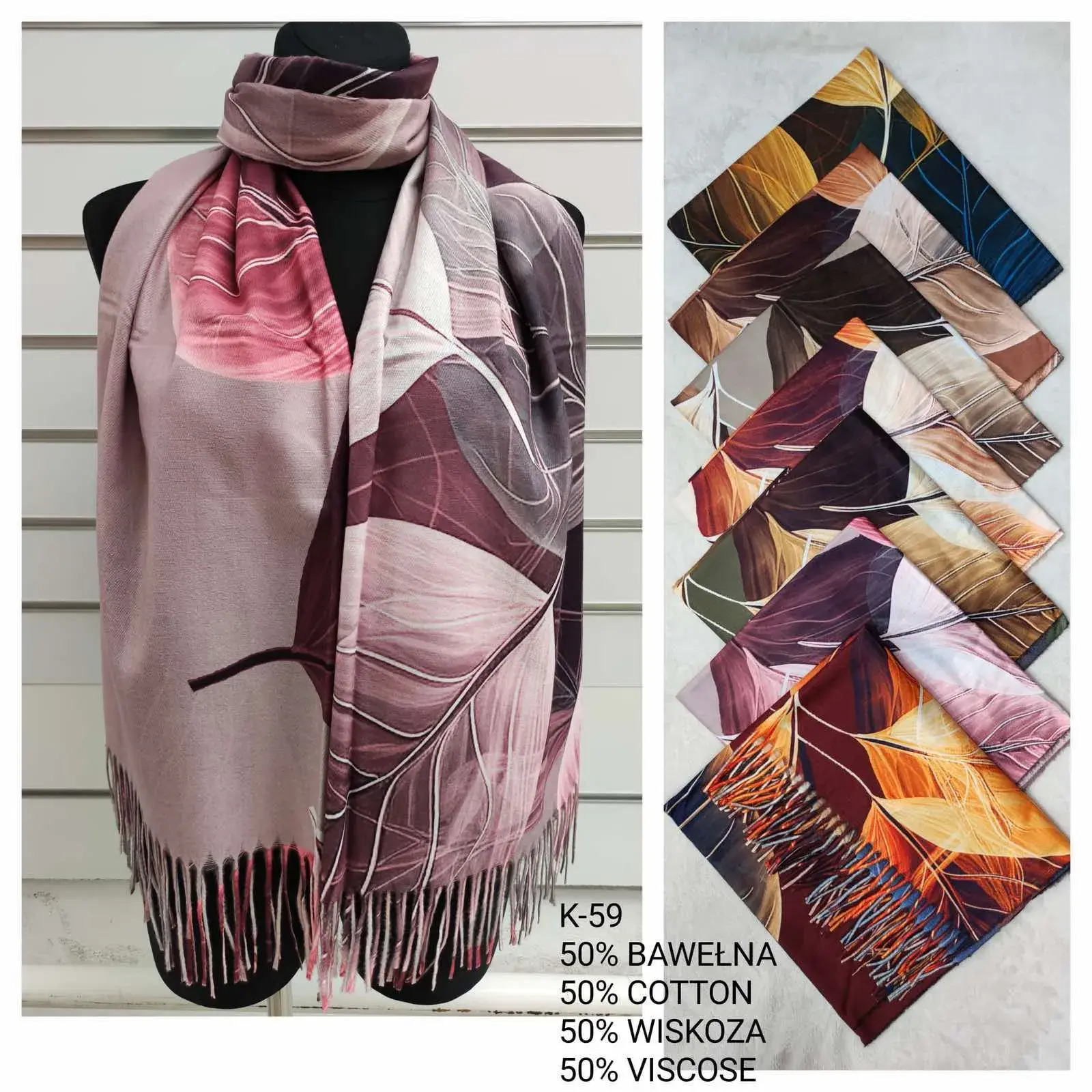 Szaliki damskie print liści 50% wełna 50% wiskoza