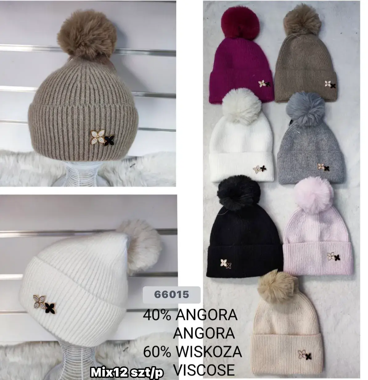 Czapki damskie z pomponem 40% angora 60% wiskoza mix kolorów