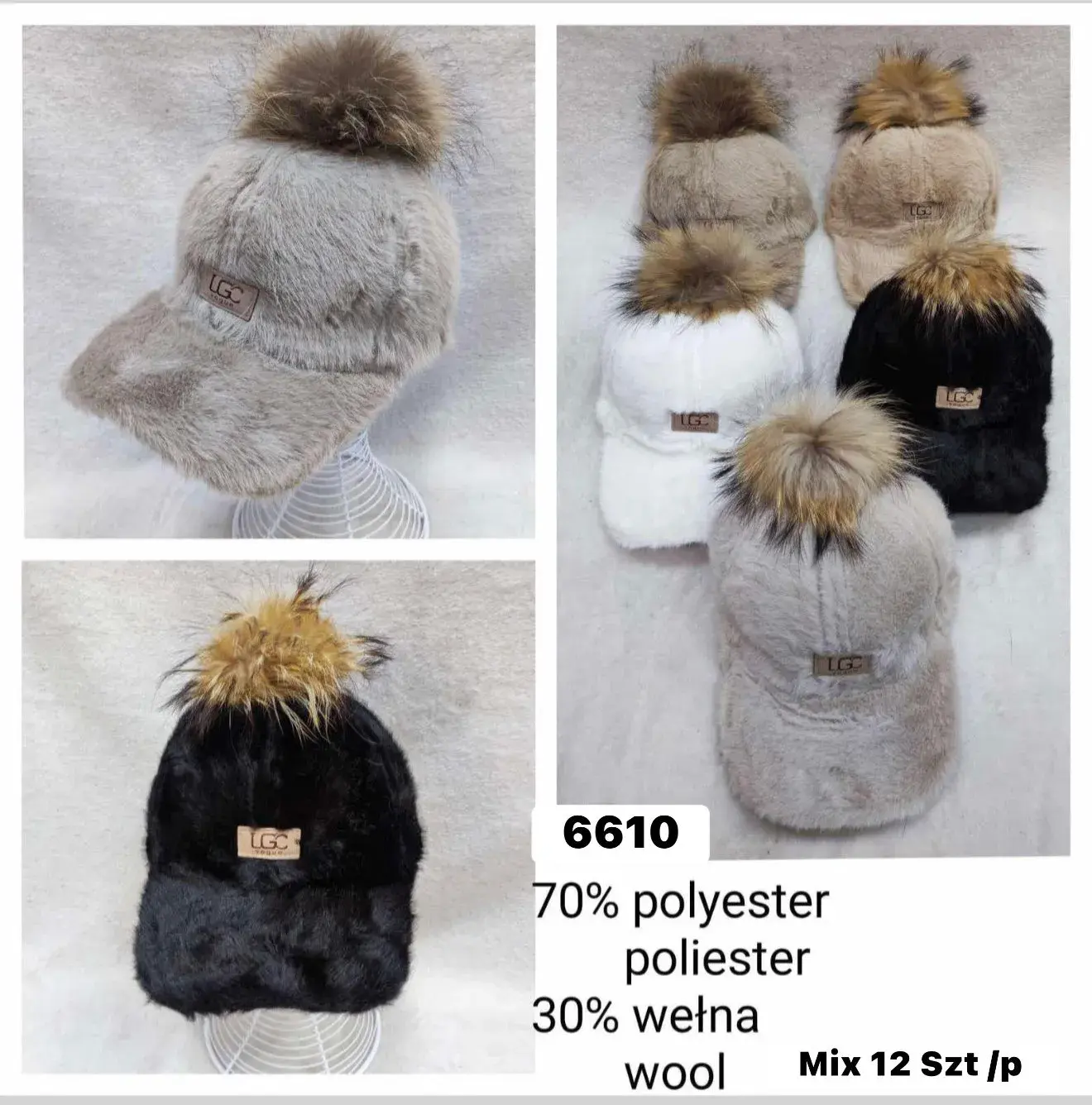 Czapki damskie z pomponem LG 70% poliester 30% wełna Mix 12 szt