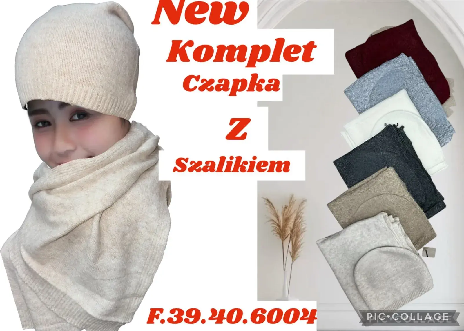 Komplet czapka damska ze szalikiem beżowy szary bordowy
