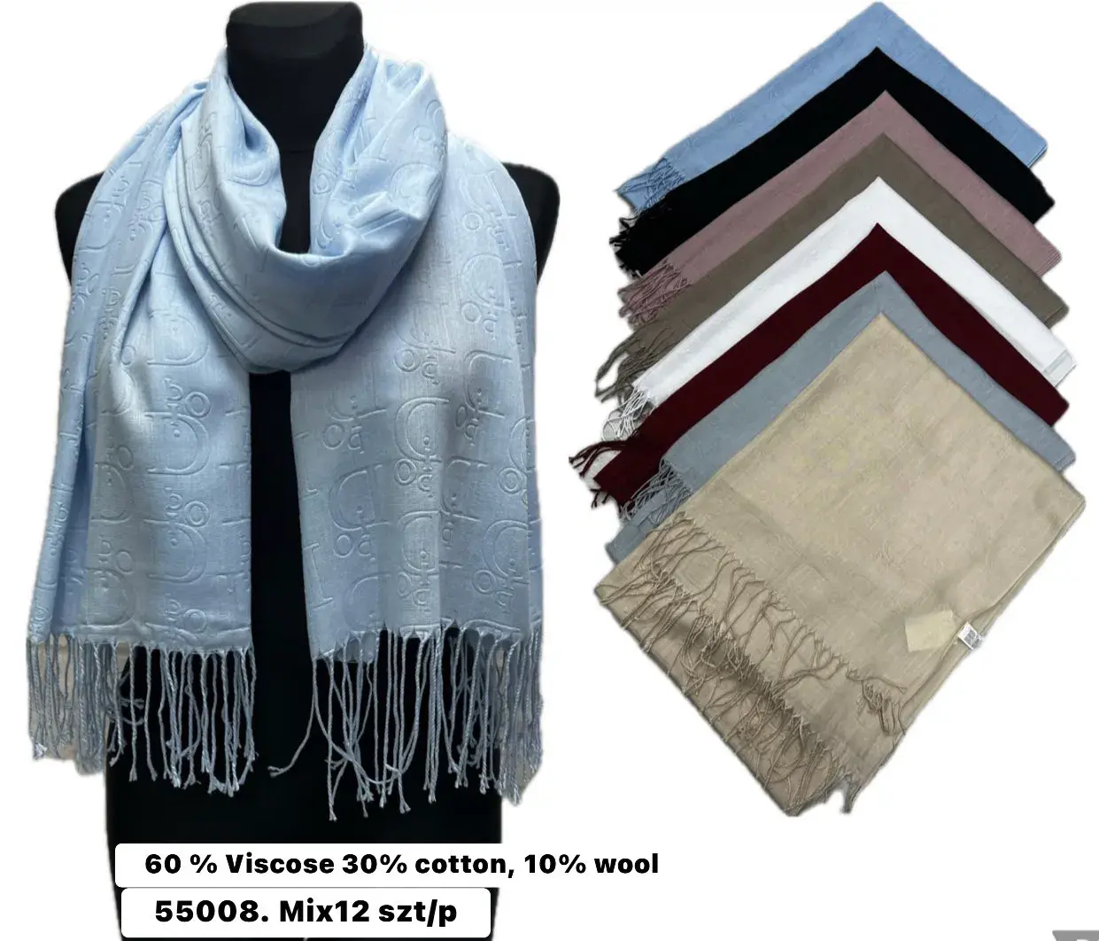 Szaliki damskie mieszane 12 szt 60% wiskoza 30% bawełna 10% wełna