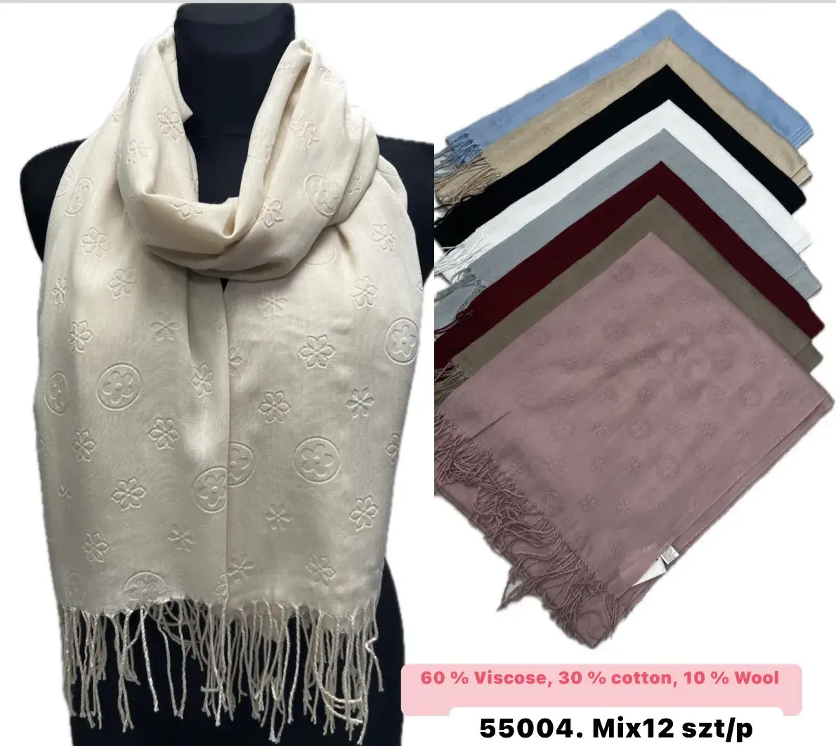 Szaliki damskie mieszane 60% wiskoza, mix 12 szt