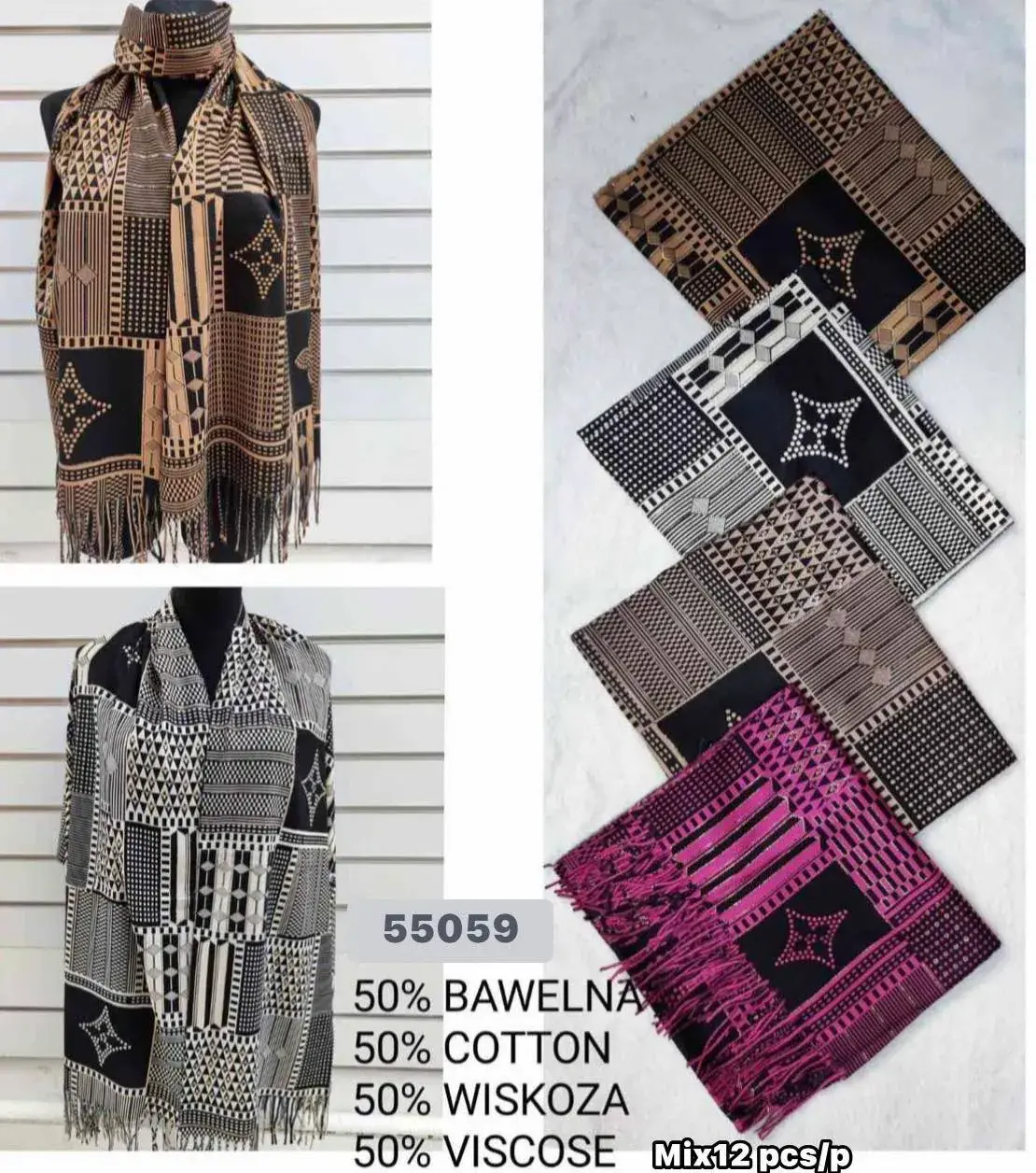 Szaliki damskie wzorzyste 50% bawełna 50% wiskoza 55059