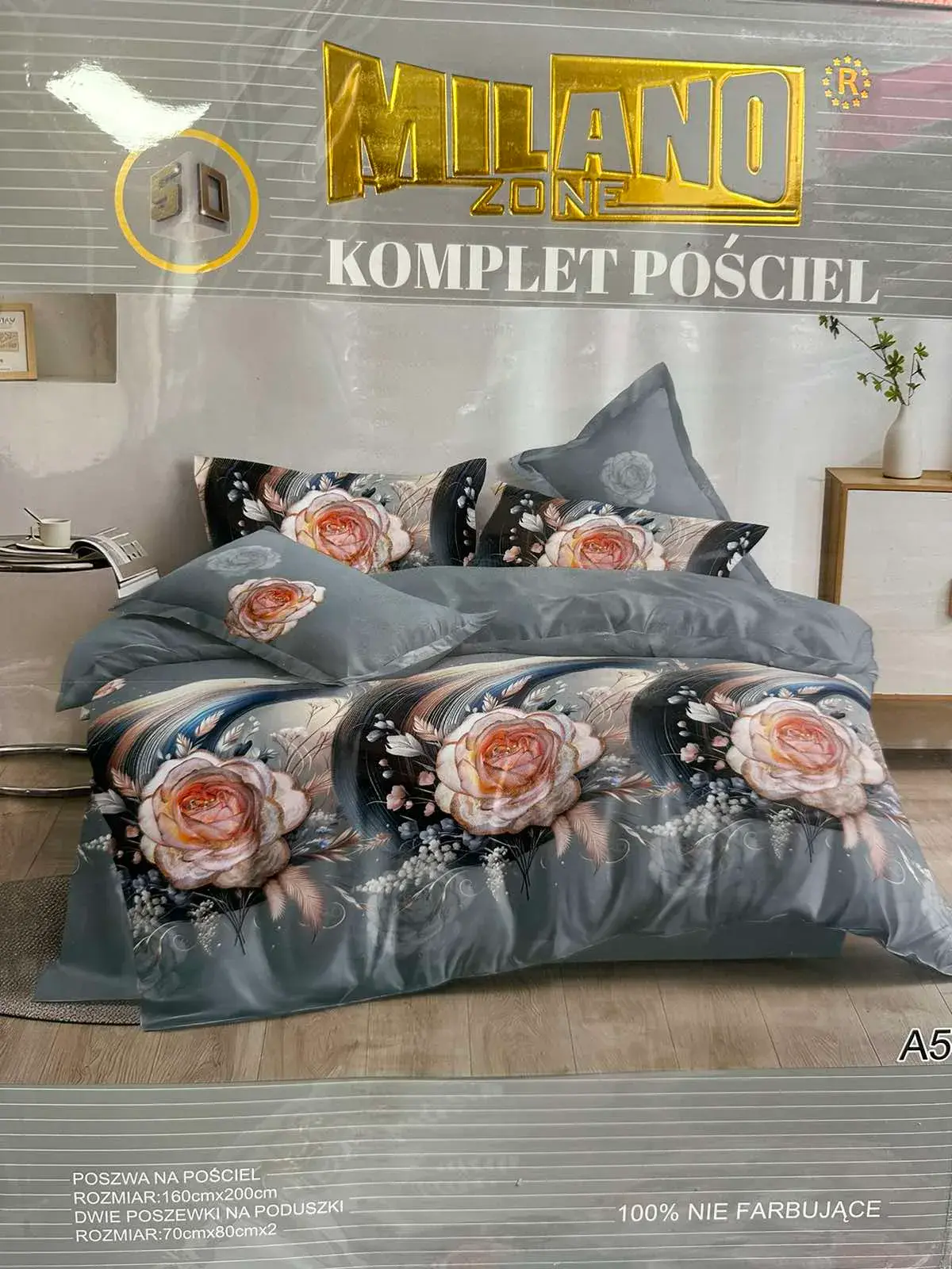 Komplet Pościel 3cz Milano 160/200 Szary z Różami