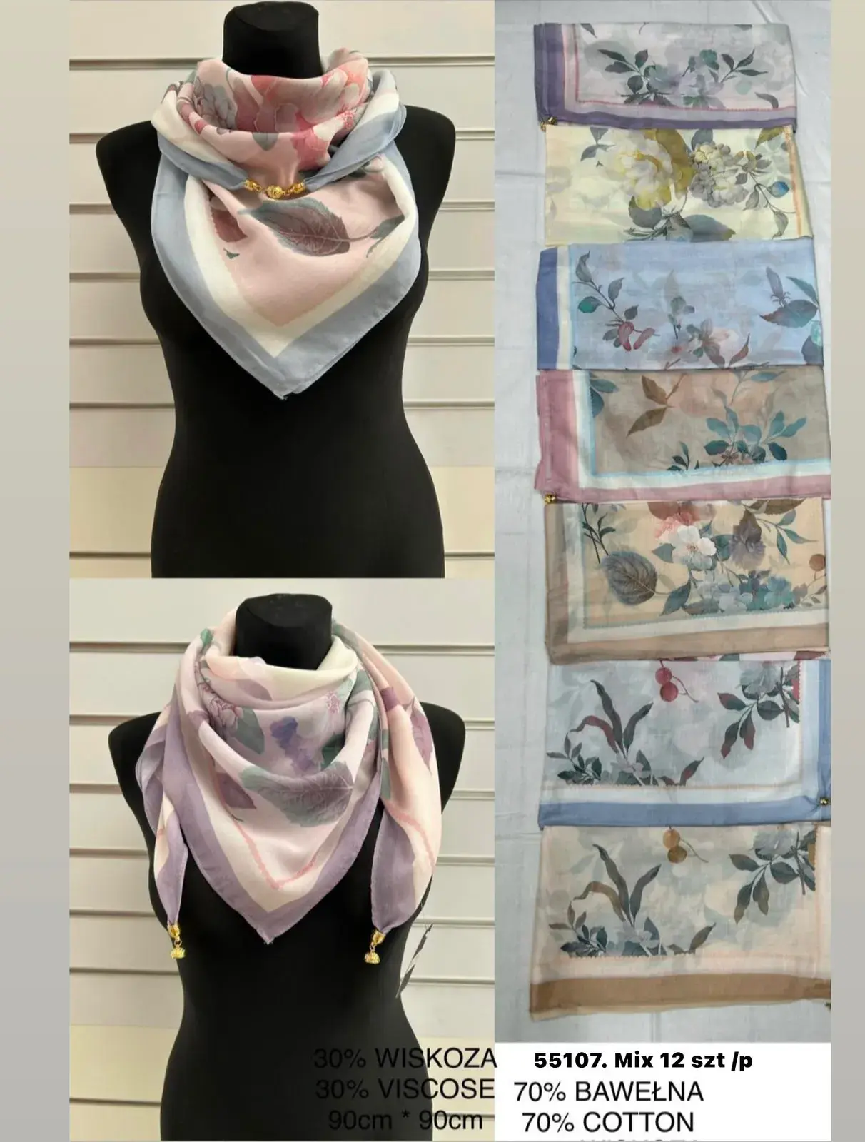 Szaliki damskie 90x70 cm 30% wiskoza 70% bawełna