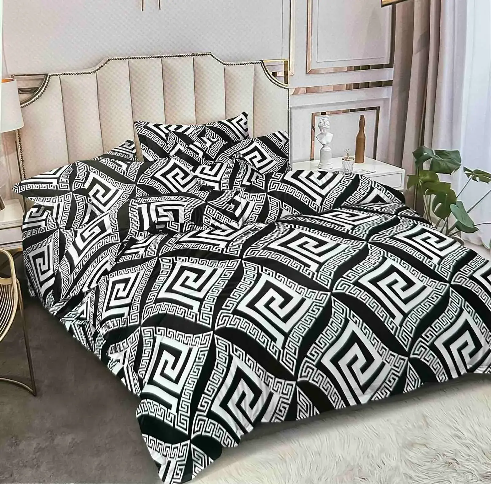 Komplet Pościel 3D Bawełna 160/200 Czarno-biały Grecki