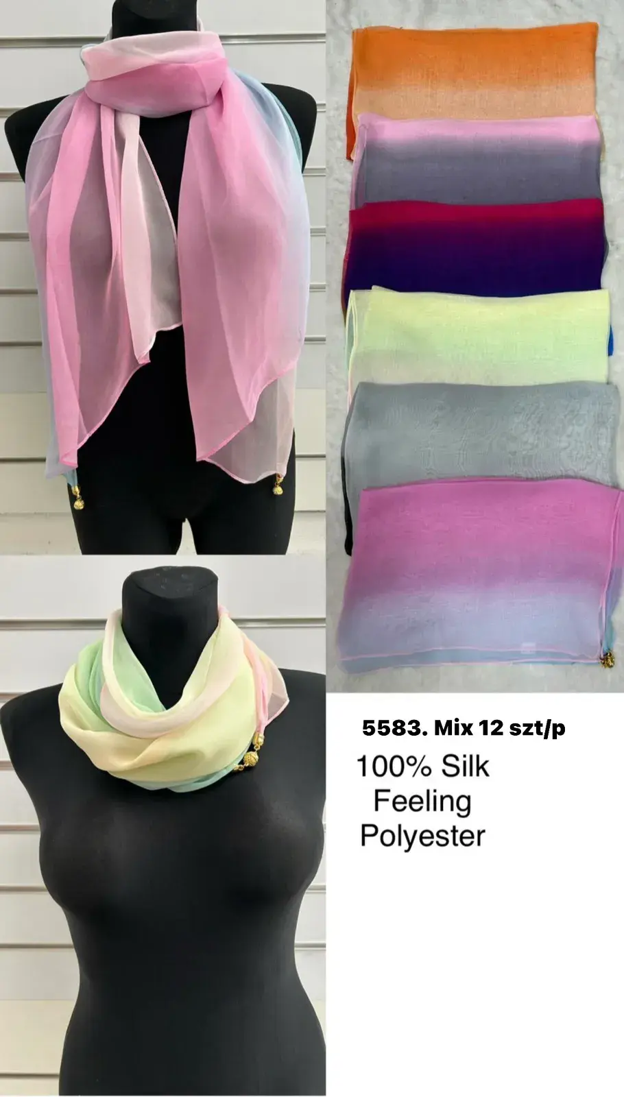 Szaliki damskie 100% Silk Feeling Poliester 6583 Mix 12 szt