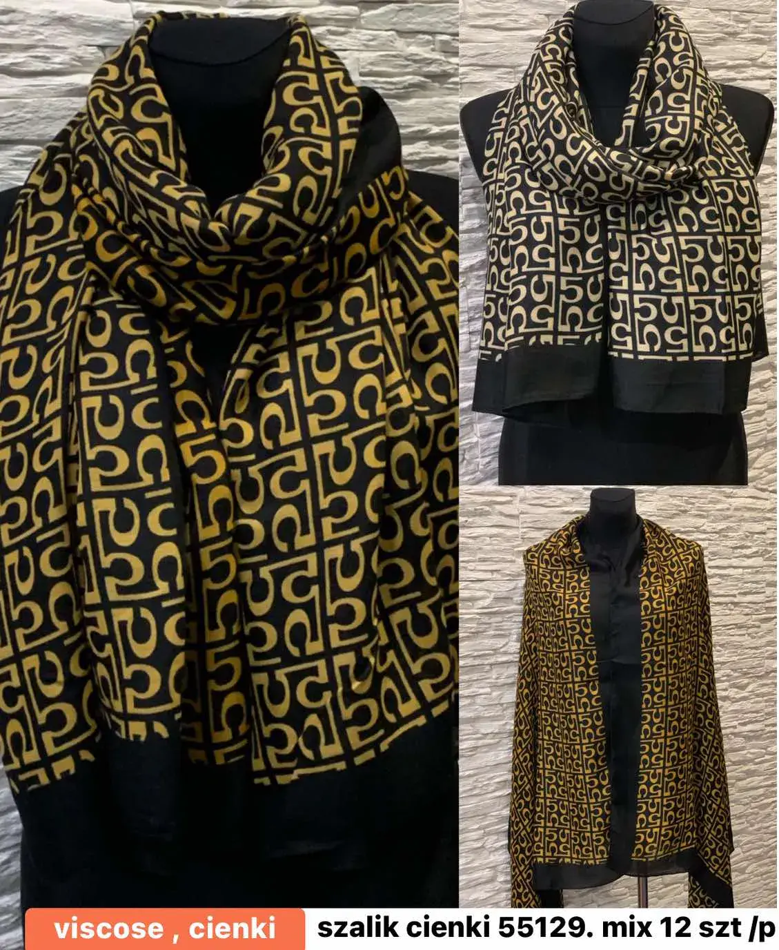 Szaliki damskie viscose, czarne i złote, mix 12 szt