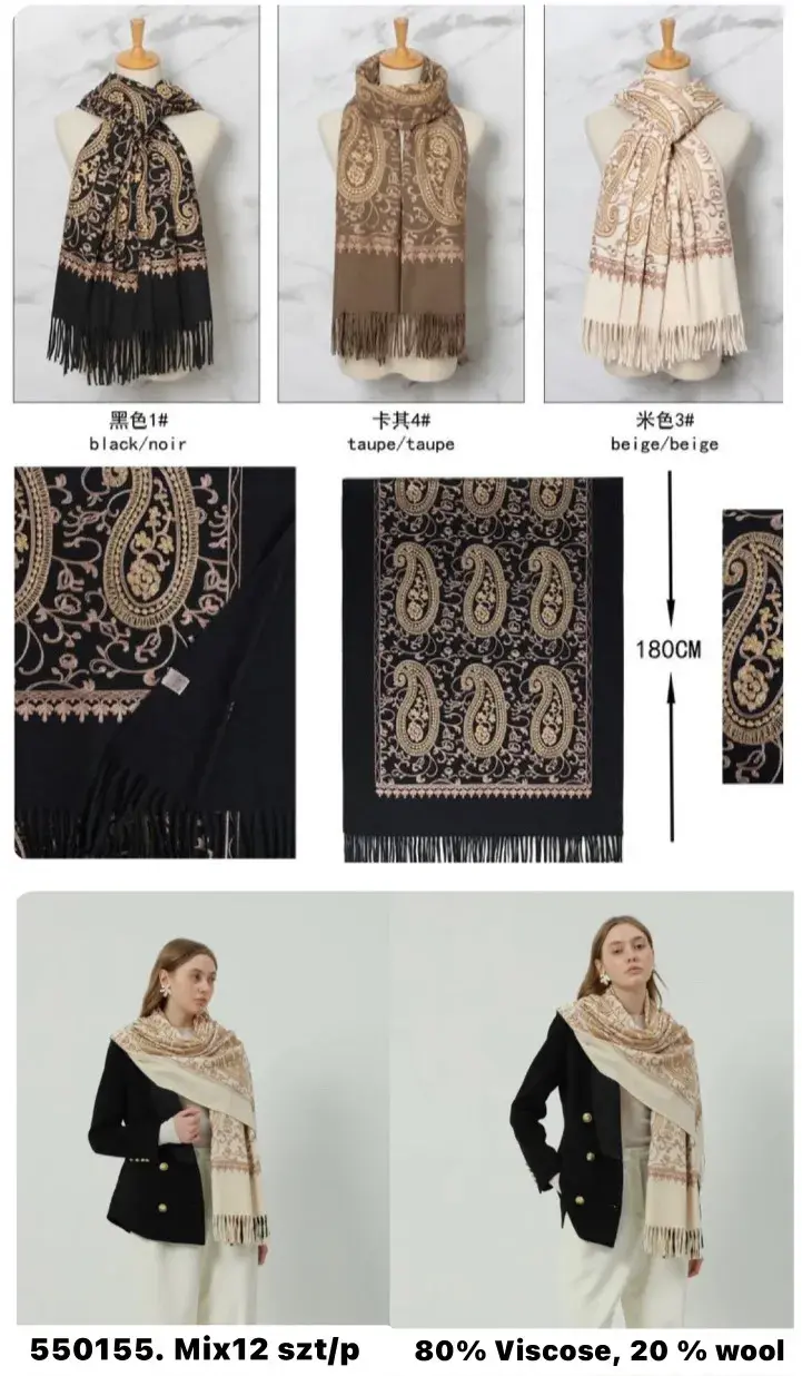 Szaliki damskie wzór paisley 180cm 80% wiskoza 20% wełna