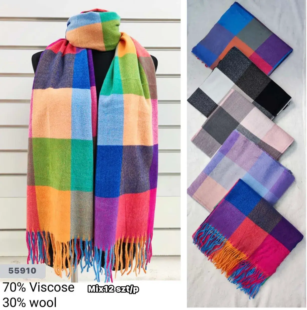 Szaliki damskie w kratę viscose 70% mix 30% wool